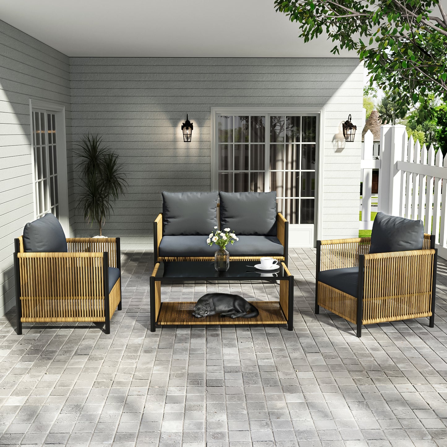Solvara 4-Piece Wicker Sofa Set – Brown PE Rattan Lounge with Gray Cushions for Patio or Porch