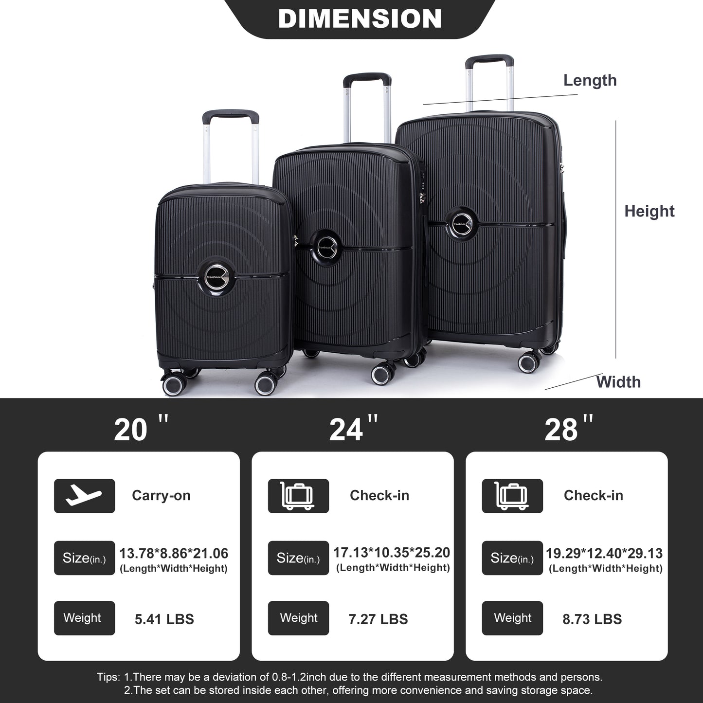 Jetera 3 - Piece PP Luggage Set – Black Polypropylene Hardshell with Double Spinner Wheels & TSA Lock (20/24/28") - JUSTLIVE NESTJUSTLIVE NEST