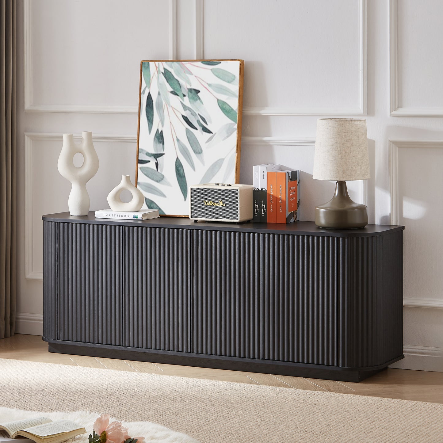 Strivon Wave Console – 64" Black Cabinet with Vertical Stripe + Wave Design