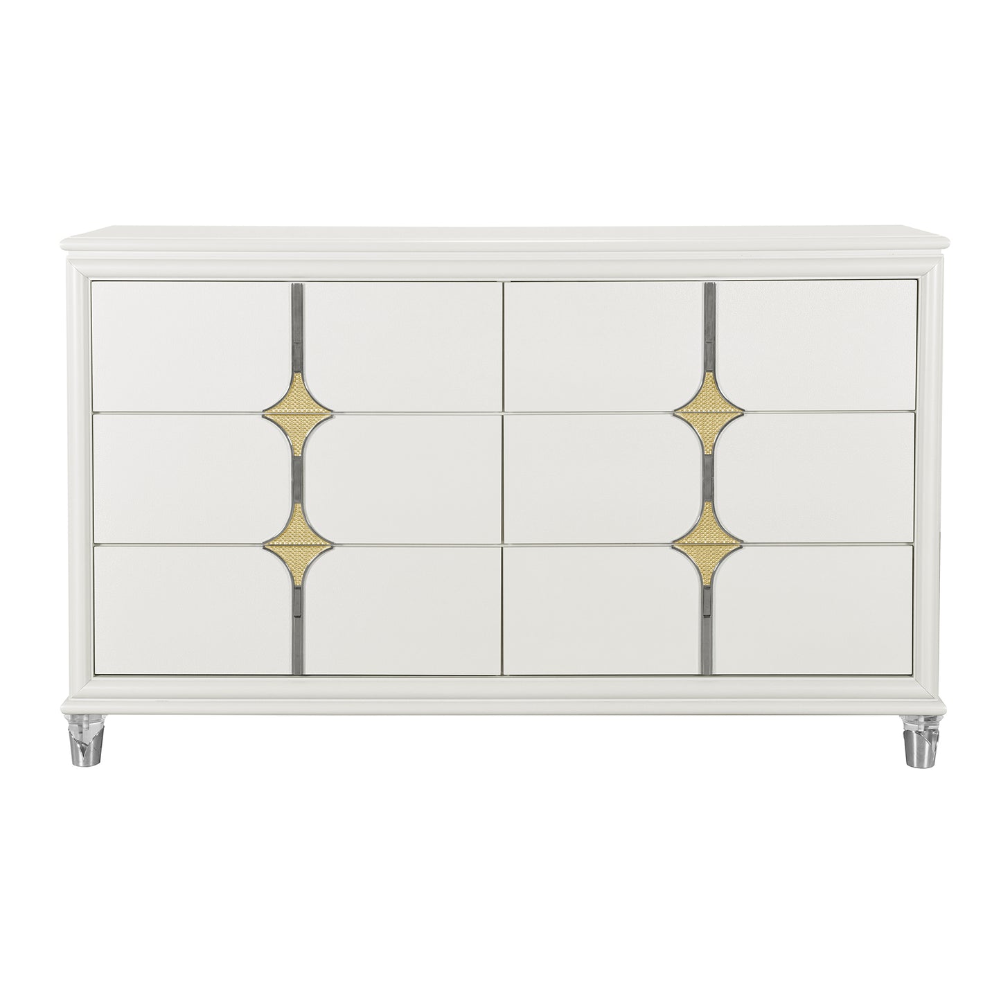 Uriuni Gold Console – 6-Drawer Low Dresser with Polished Brass Accents