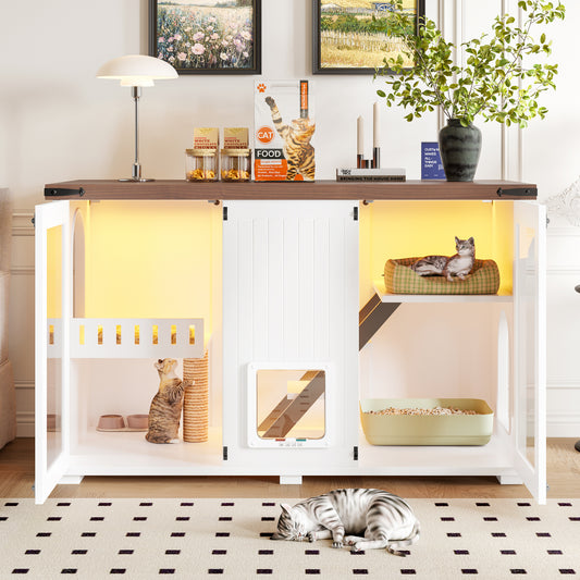 Nuvio 47" Smart Litter Cabinet – White Cat Enclosure with LED Light, Stair Entry, Scratch Panel & Side Table Design - JUSTLIVE NESTJUSTLIVE NEST