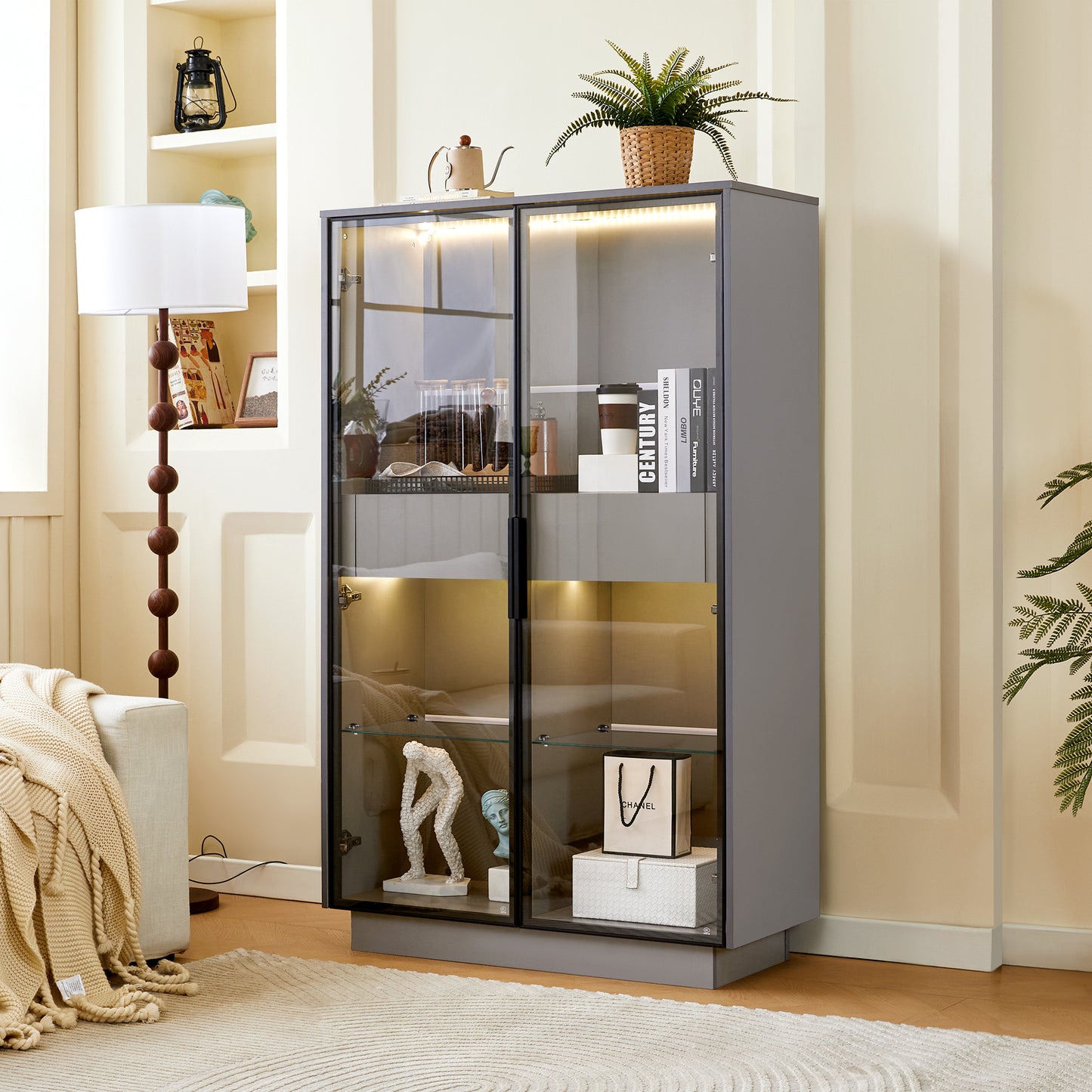 Luntra Edge Display – 60.6" Grey LED Glass Cabinet with Drawers & Modern Style