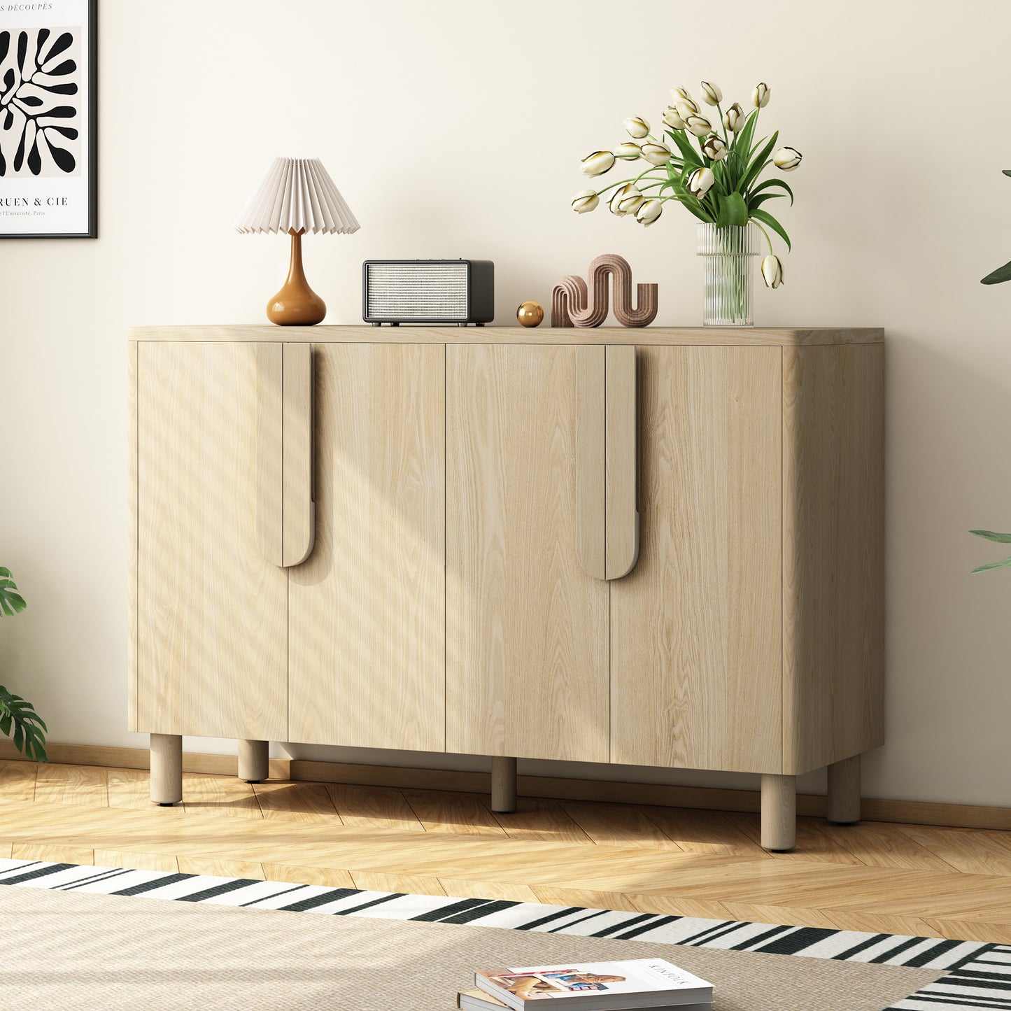Trexm Arc Sideboard – 4-Door Natural Wood Buffet with Curved Handles and Adjustable Shelves