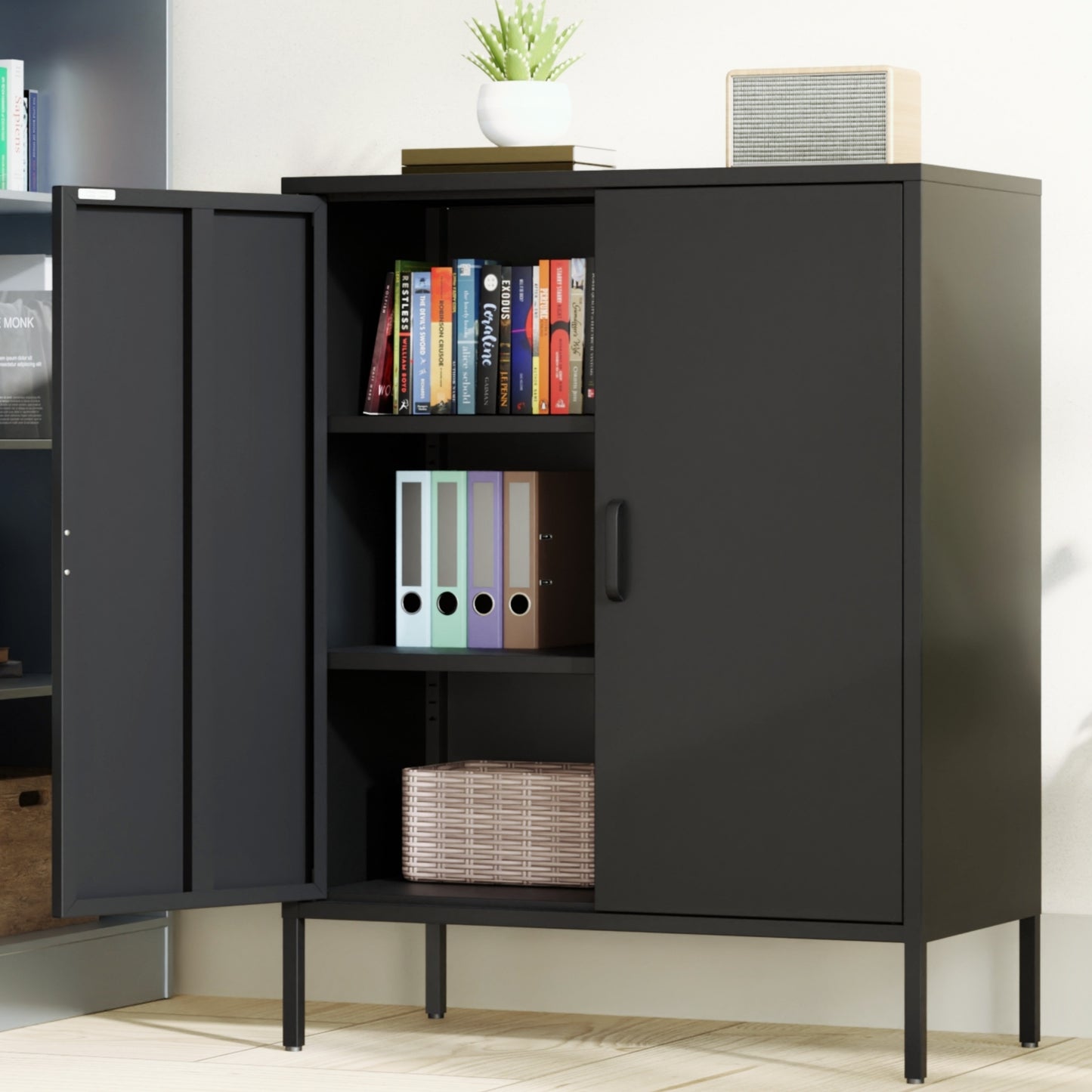 Nesto Pantry Cabinet – 61'' Black Metal Storage with Adjustable Shelves for Home or Kitchen
