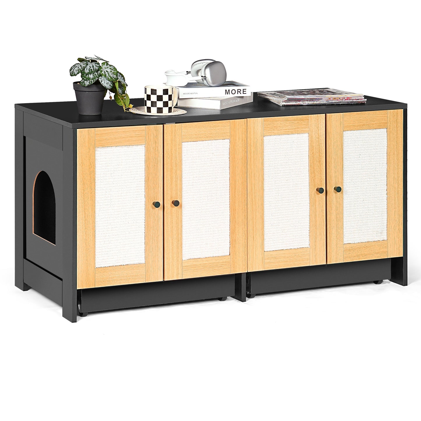 Nuvio Double Litter Enclosure – Black Hidden Cat Box Cabinet with Rattan Doors (Fits 2 Cats) - JUSTLIVE NESTJUSTLIVE NEST