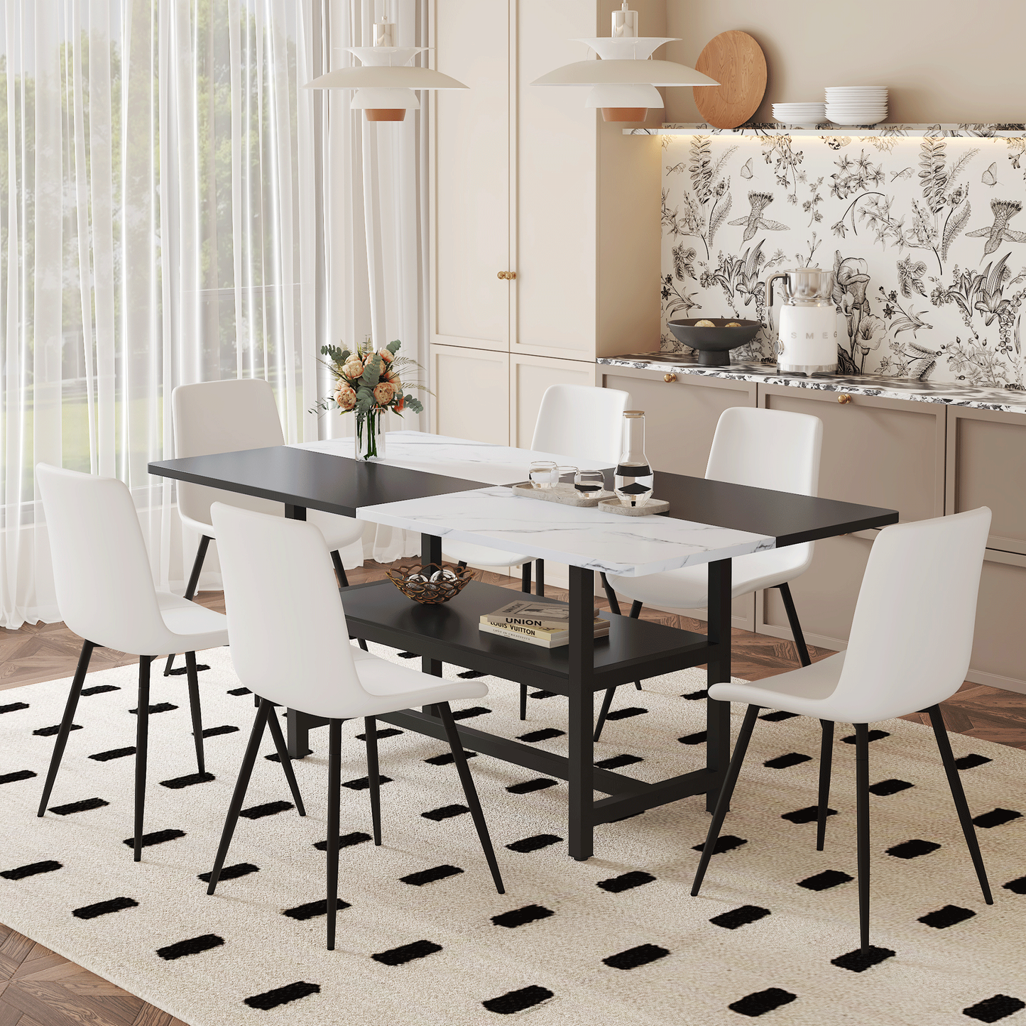 Prismora 71" Split-Top Dining Table – Mid-Leg Storage Base with 6 Cloudform PU Chairs