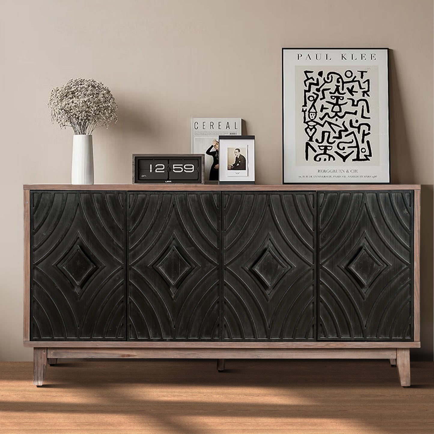 Midvyn Diamond Buffet – 60" Solid Wood Credenza with Convex Pattern Doors