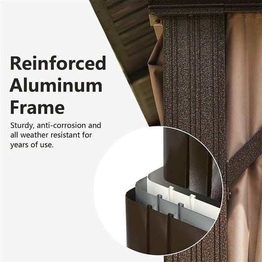 Aurelia 10x12' Steel Roof Gazebo – Dark Brown Aluminum Pavilion with Curtains & Netting - JUSTLIVE NESTJUSTLIVE NEST