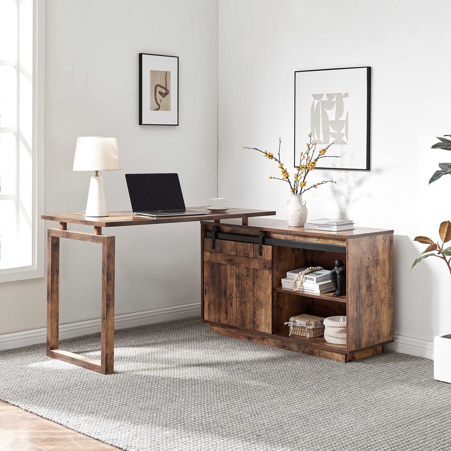 Astra Barn Desk – L-Shape Workstation with Sliding Door Credenza in Rustic Wood