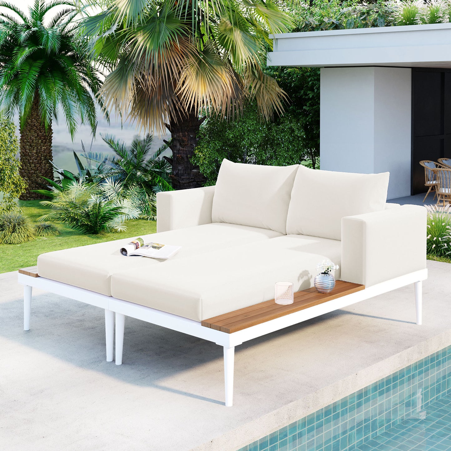 Vaxa Daybed – Beige Patio Chaise with Side Trays and Metal Frame
