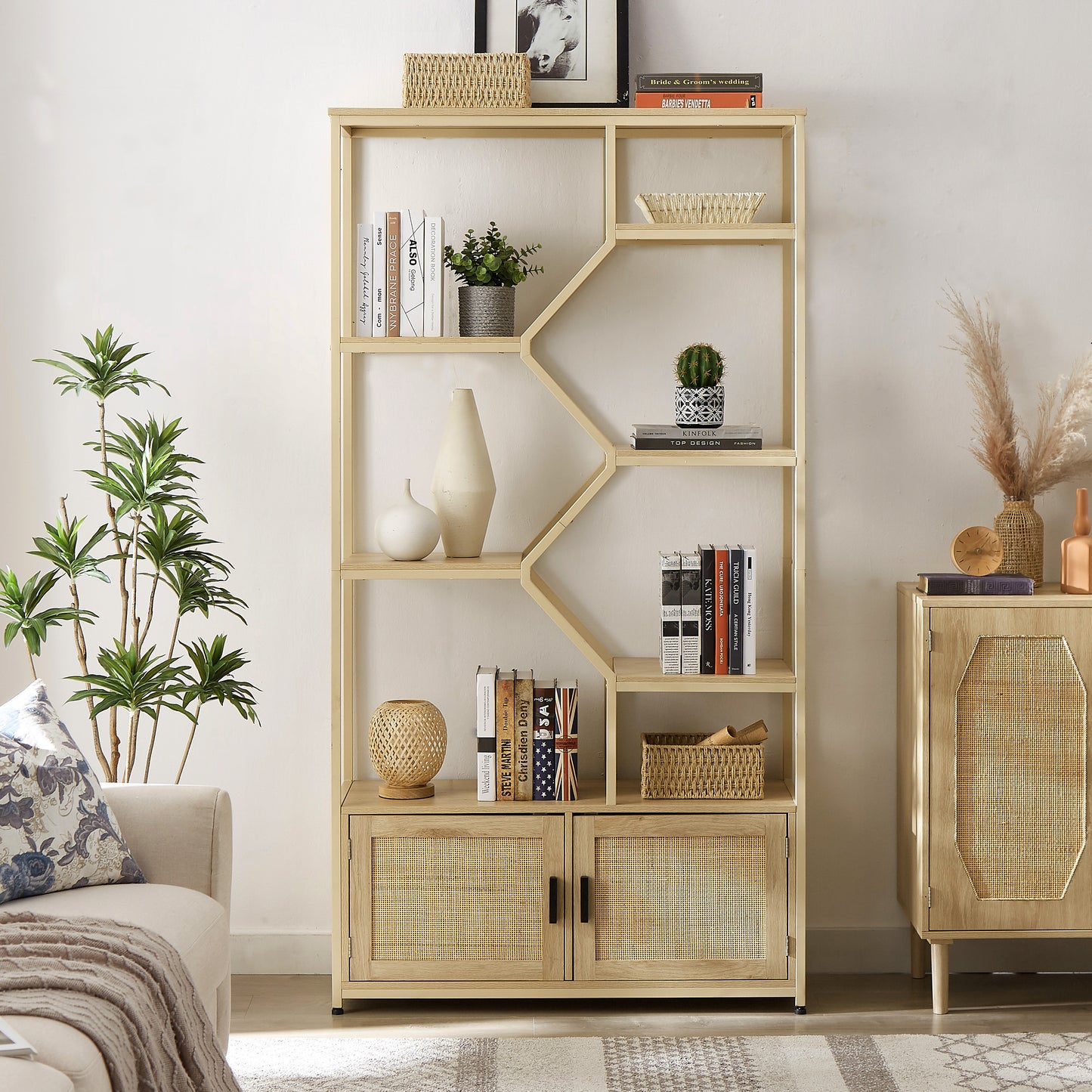 Ravora Rattan Shelf – 7-Tier Natural Bookcase with Cabinet Base