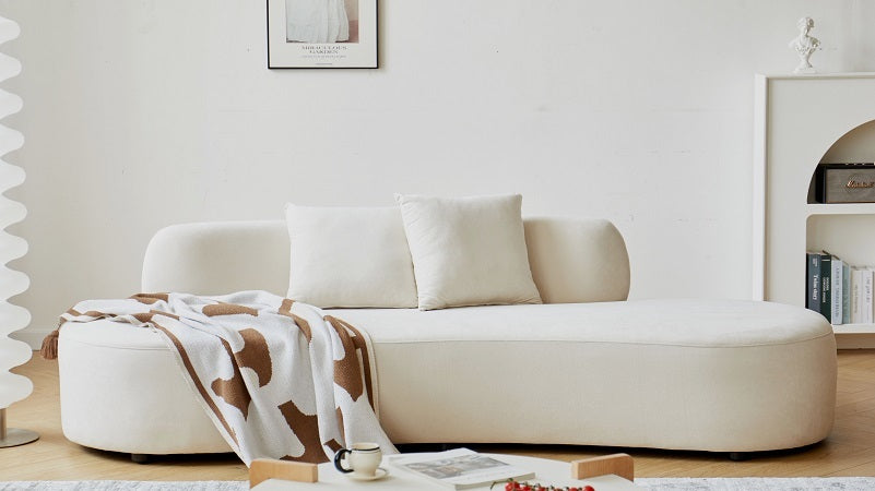 90' Curved Sofa with Throw Pillows, 4 Seater Luxury Velvet Couch with Half Moon Design and High-Density Foam, Ideal for Modern Living Room, Office & Apartment, Ivory