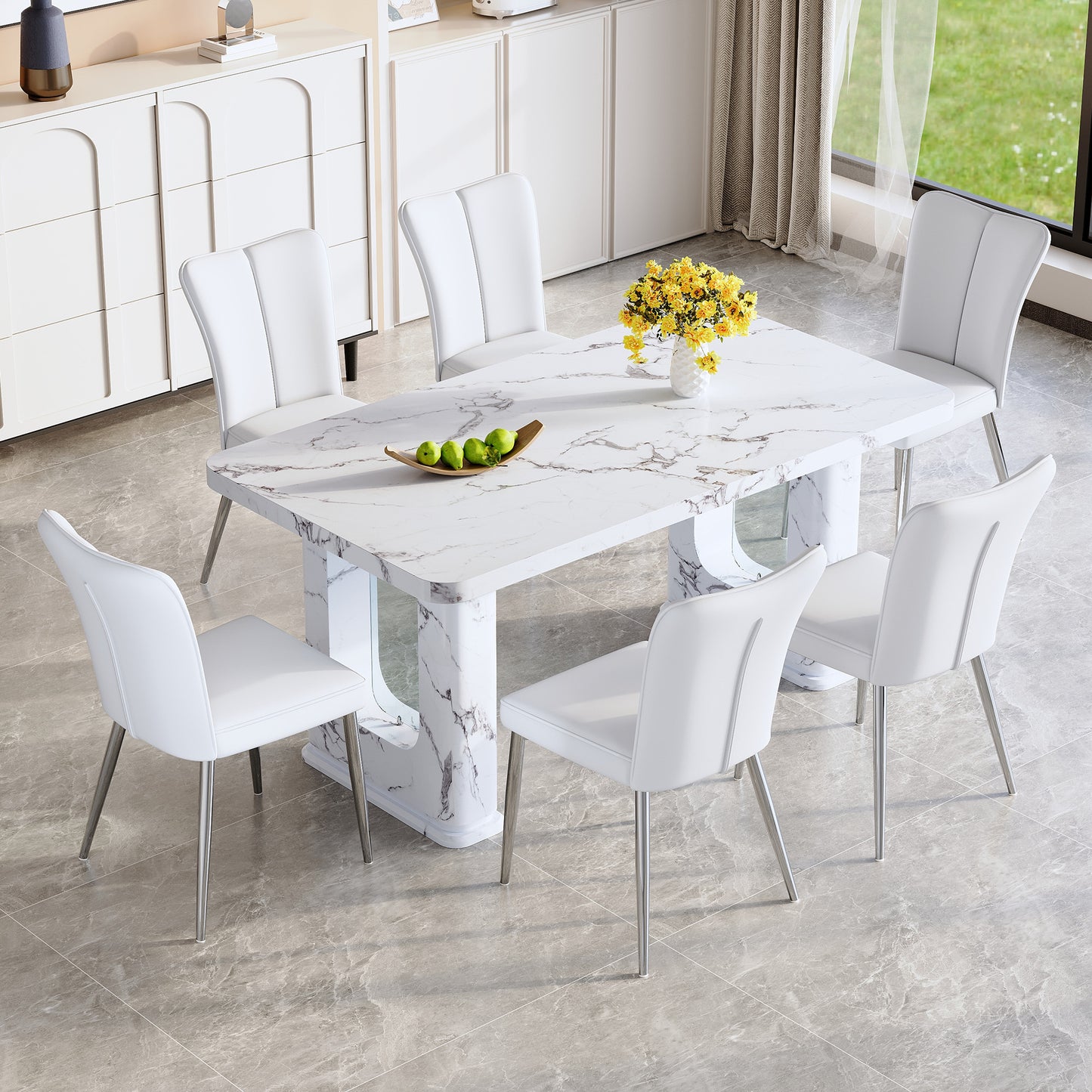 Fayno 7‑Piece Dining Set – Marble Look Table with 6 White Stripe-Back PU Chairs