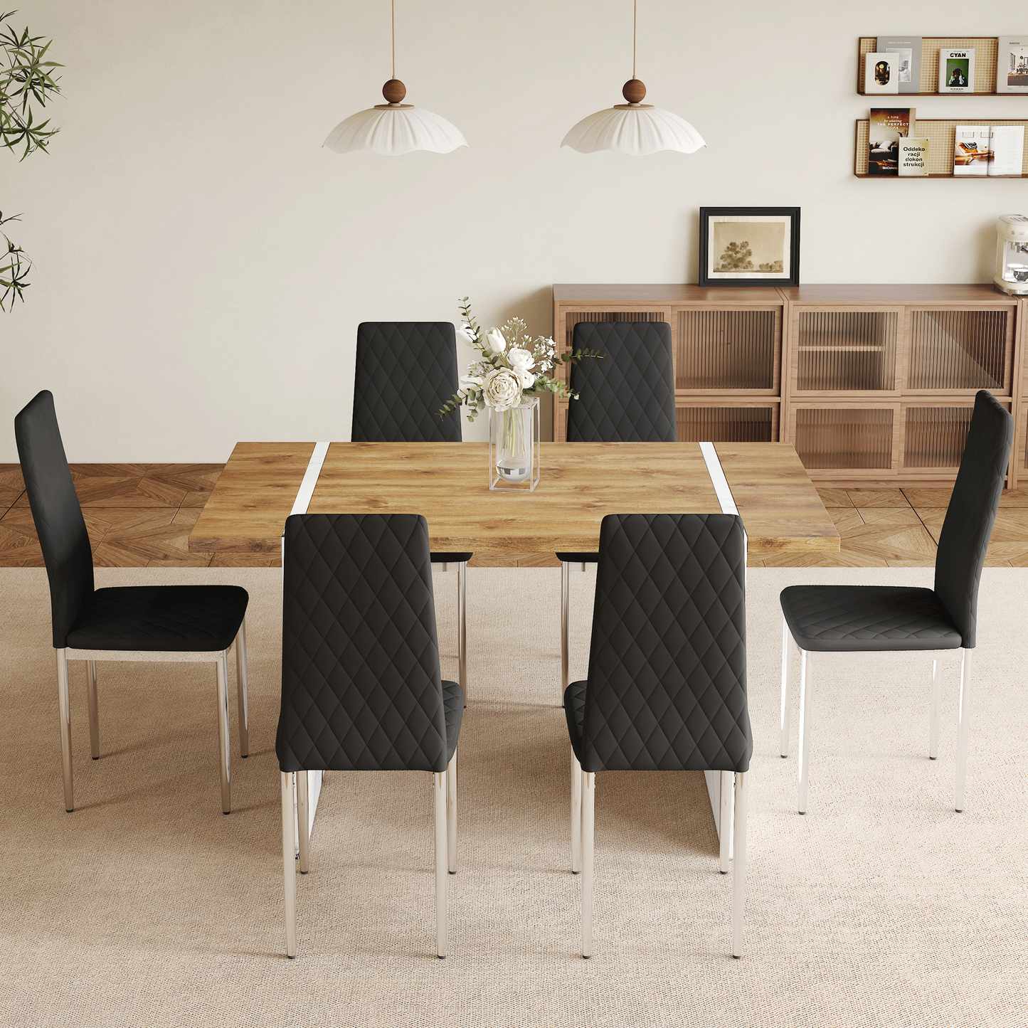 Liora 55" Dining Set – Wood Veneer Table with Marble-Style Legs & 6 Chairs