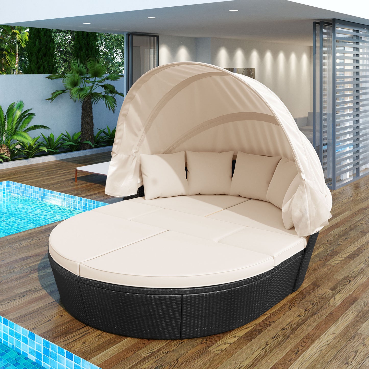 GO Canopy Daybed – Beige Round Rattan Sunbed with Retractable Hood & Clamshell Wicker Base