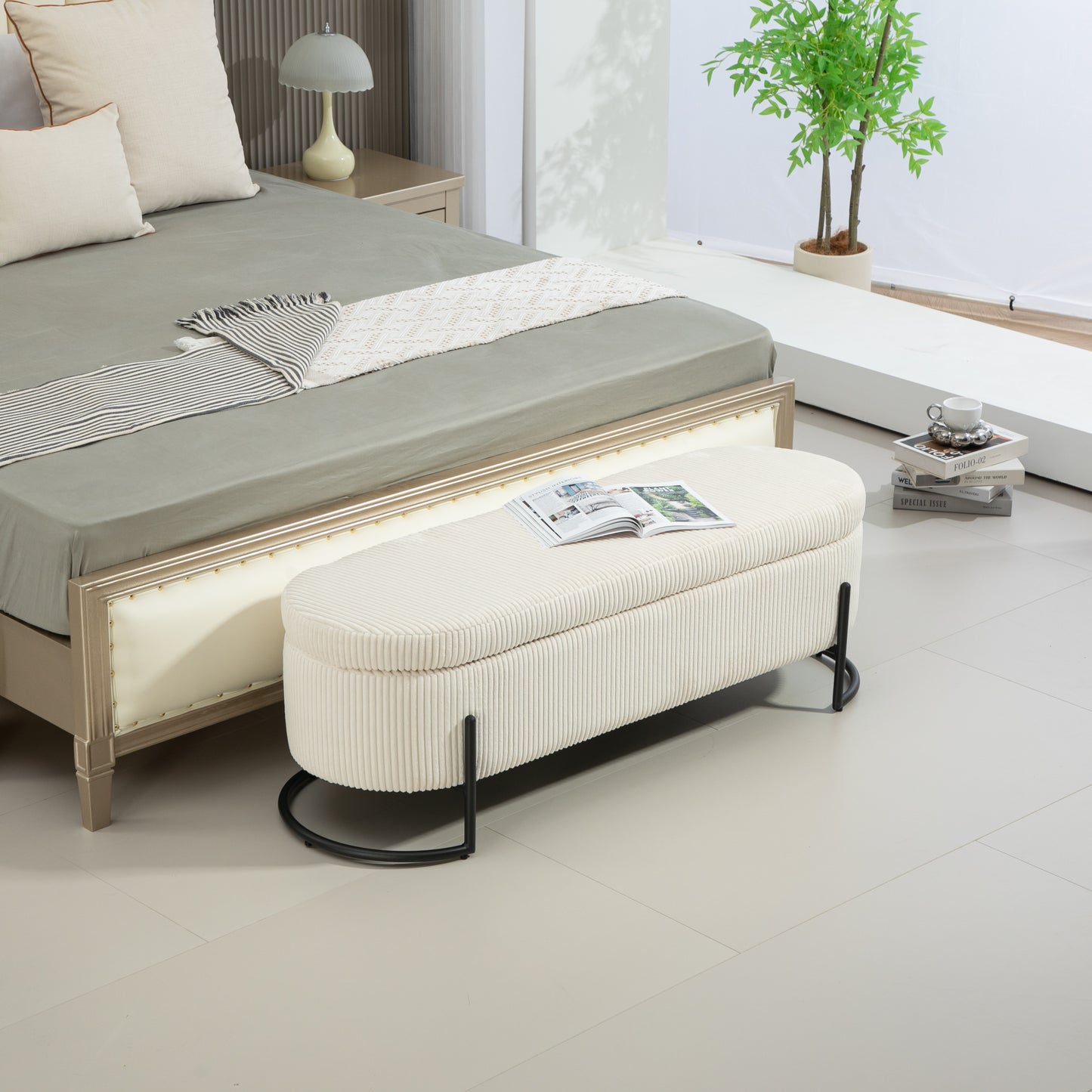 Elvar Bench – Beige Upholstered Storage Seat with Safety Hinge