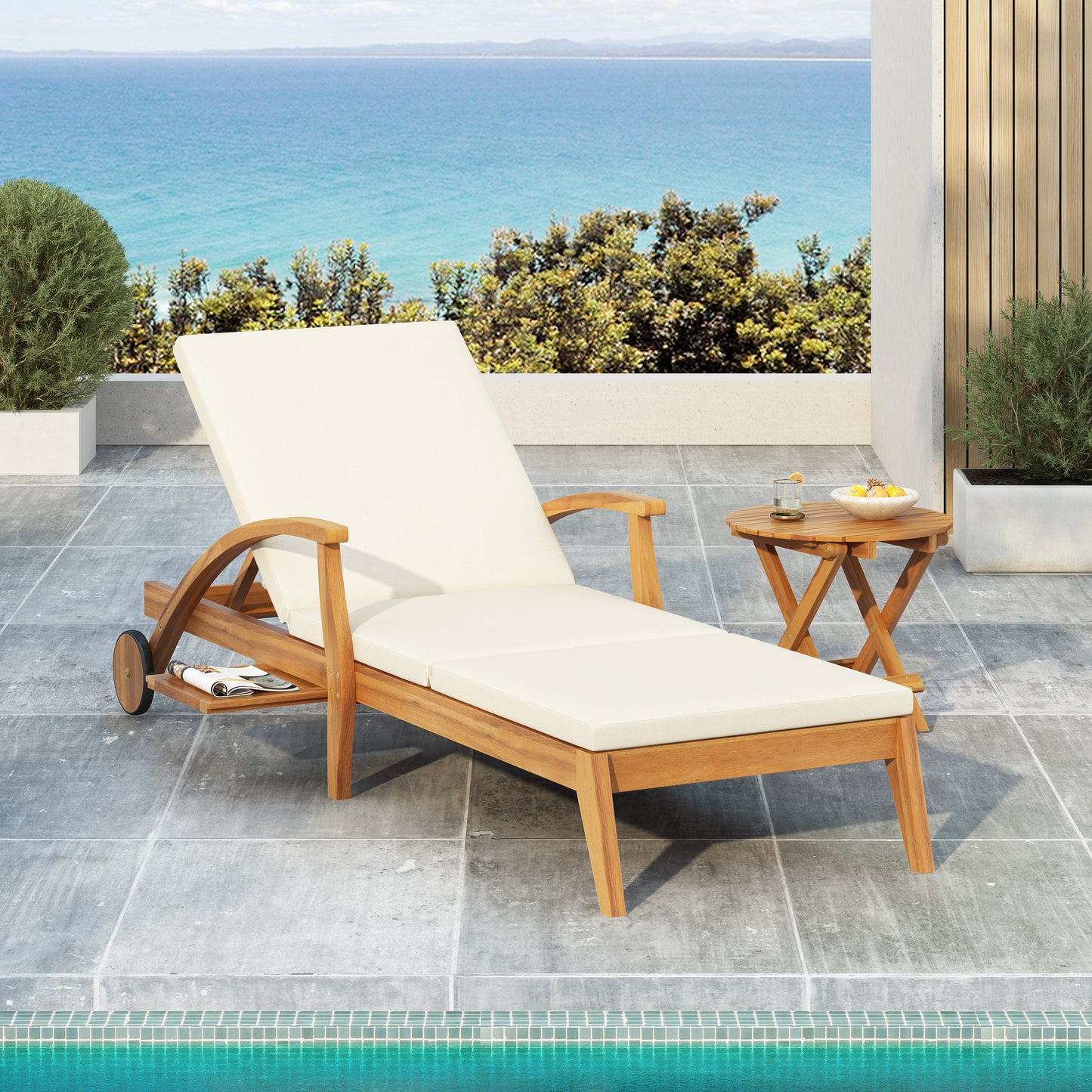 Solvara Acacia Chaise Set – Reclining Wood Lounge with Headrest & Side Space, 3-Fold Cream Cushions (4" Thick)