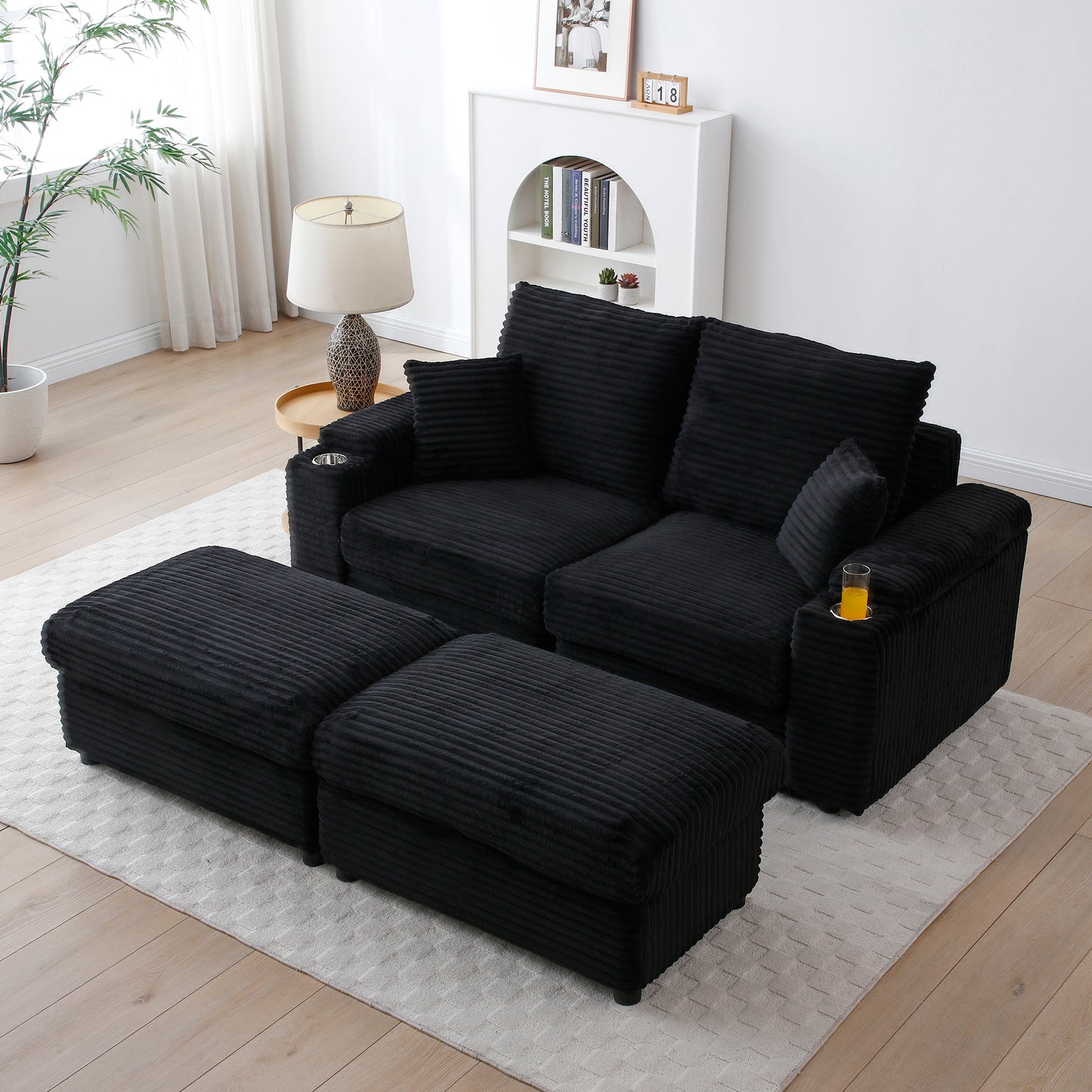 Monaco Noir Comfort – Modern Black Corduroy Loveseat with Ottomans & Plush Pillows