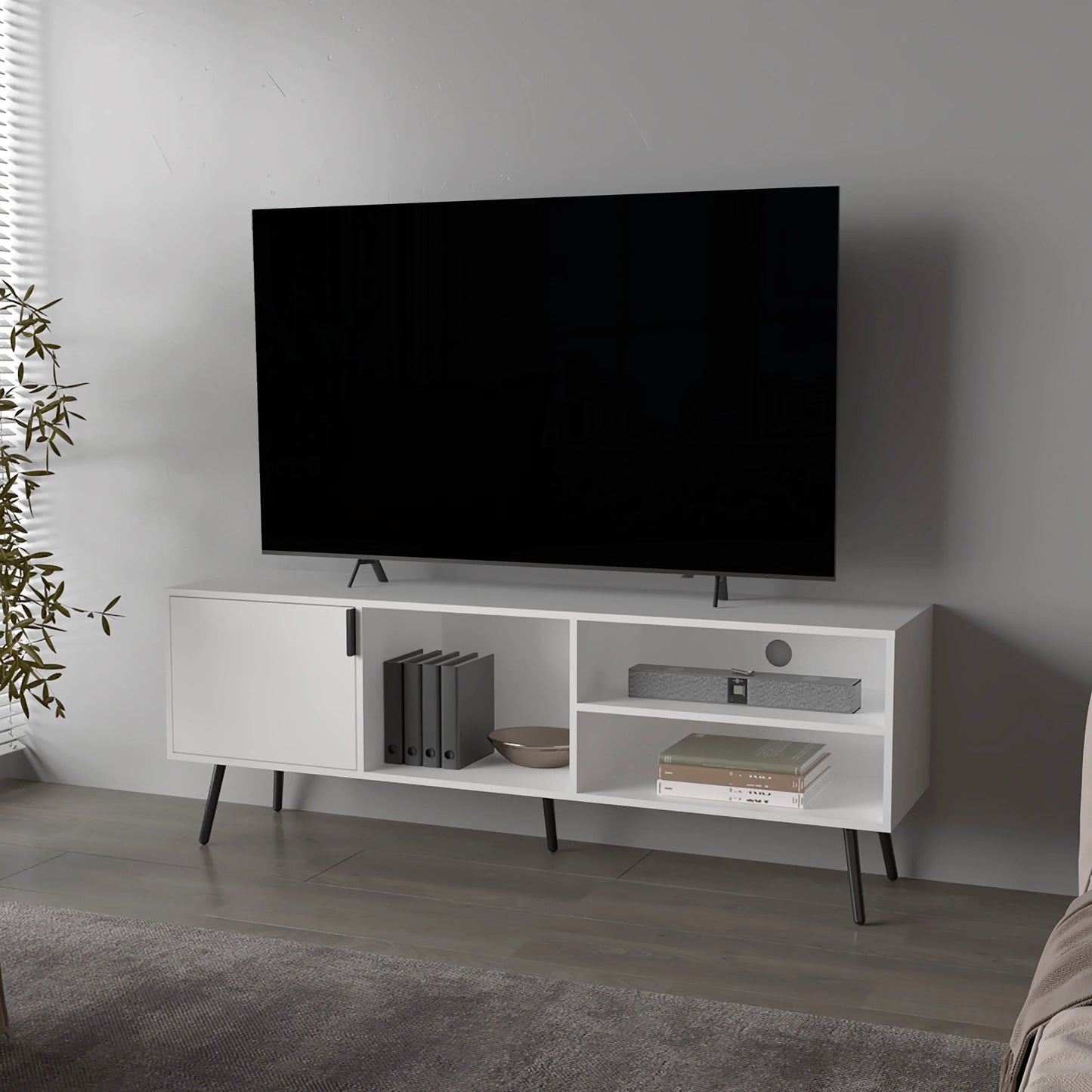 Citronix White Console – TV Stand with Door and Open Storage