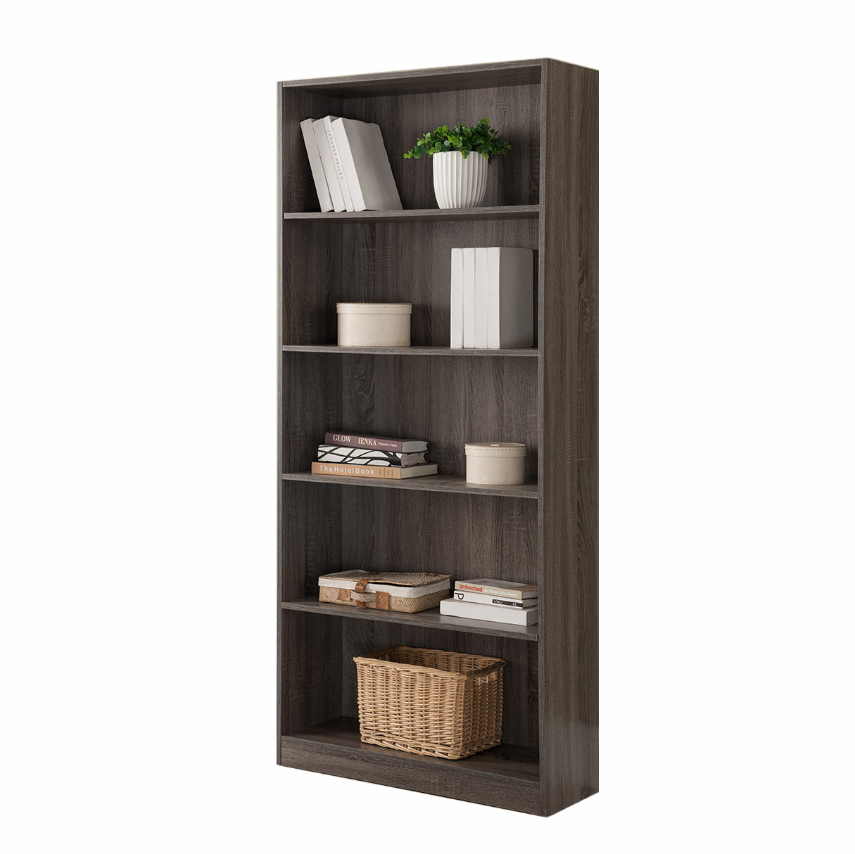 Greylan Bookcase – 5-Shelf Grey Wood Display Cabinet with Base Molding