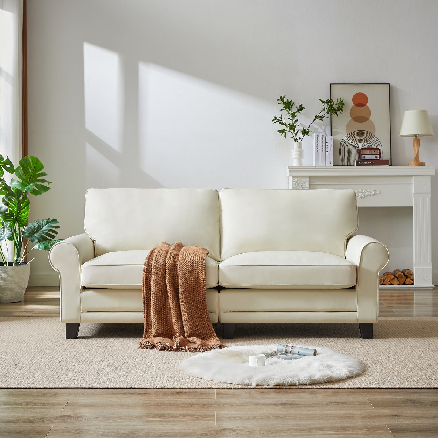 PawNest™ 75' Pet-Friendly Loveseat – Beige White Rolled Arm 2-Seater with Removable Cushions for Cozy Spaces