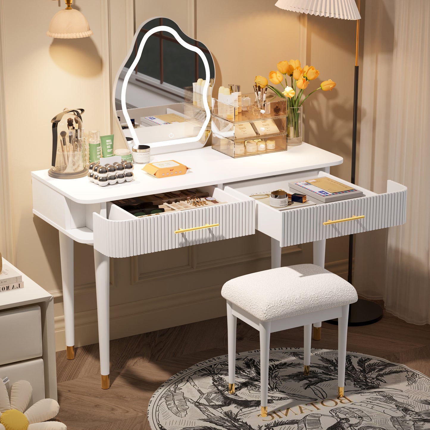 Velora TouchLite Set – 40" White Vanity Desk with Touchscreen LED Mirror & 2 Drawers
