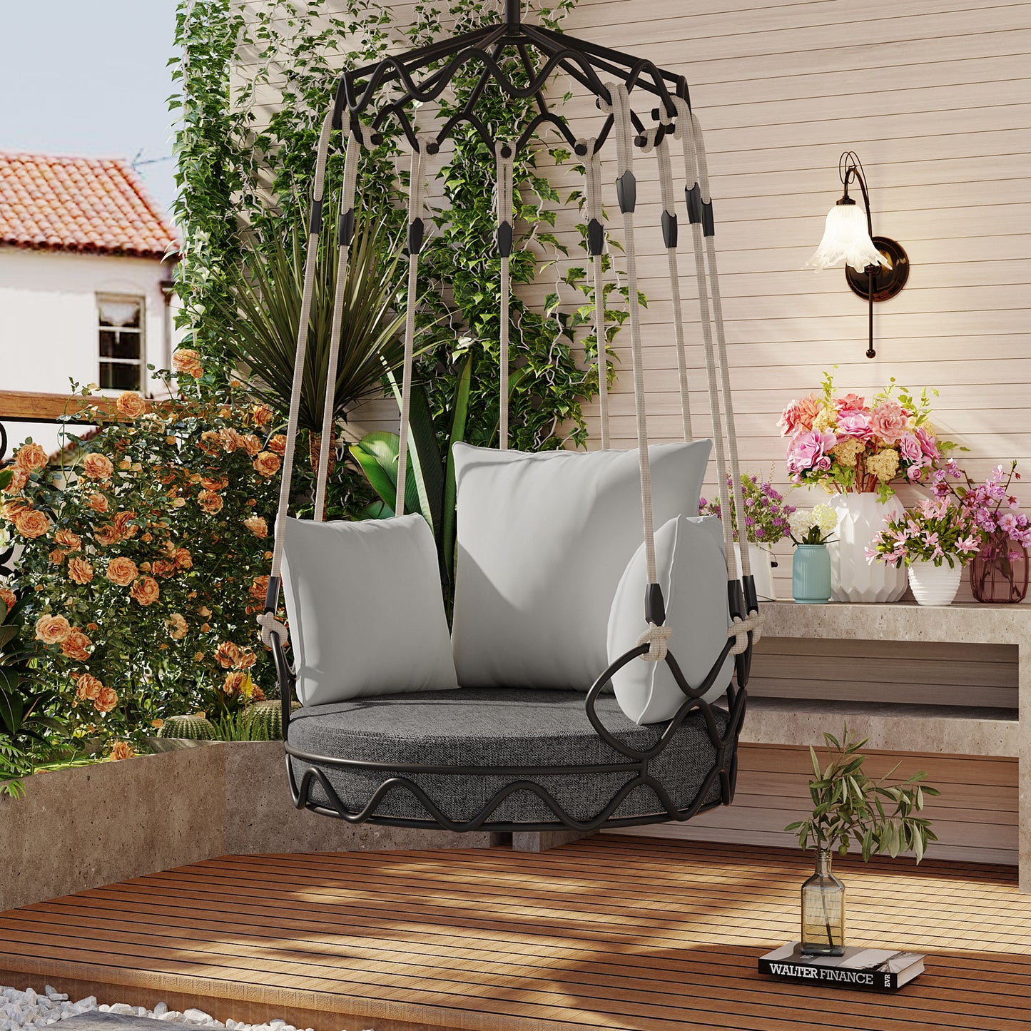 Kairo Swing – Gray Hanging Basket Chair with UV-Resistant Olefin Cushion