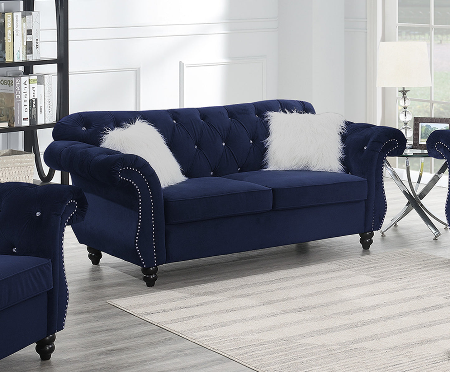 Sereno Indigo Velvet Sofa – Refined 2-Seater with Plush Accent Pillows