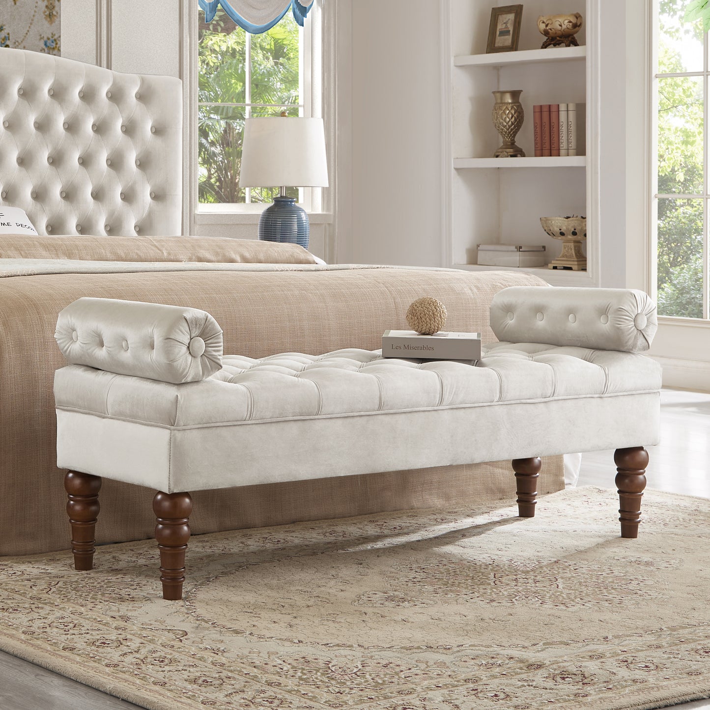 Lunari Tufted Bolster Bench – Champagne Velvet Upholstery, Luxe Entryway or Window Bench