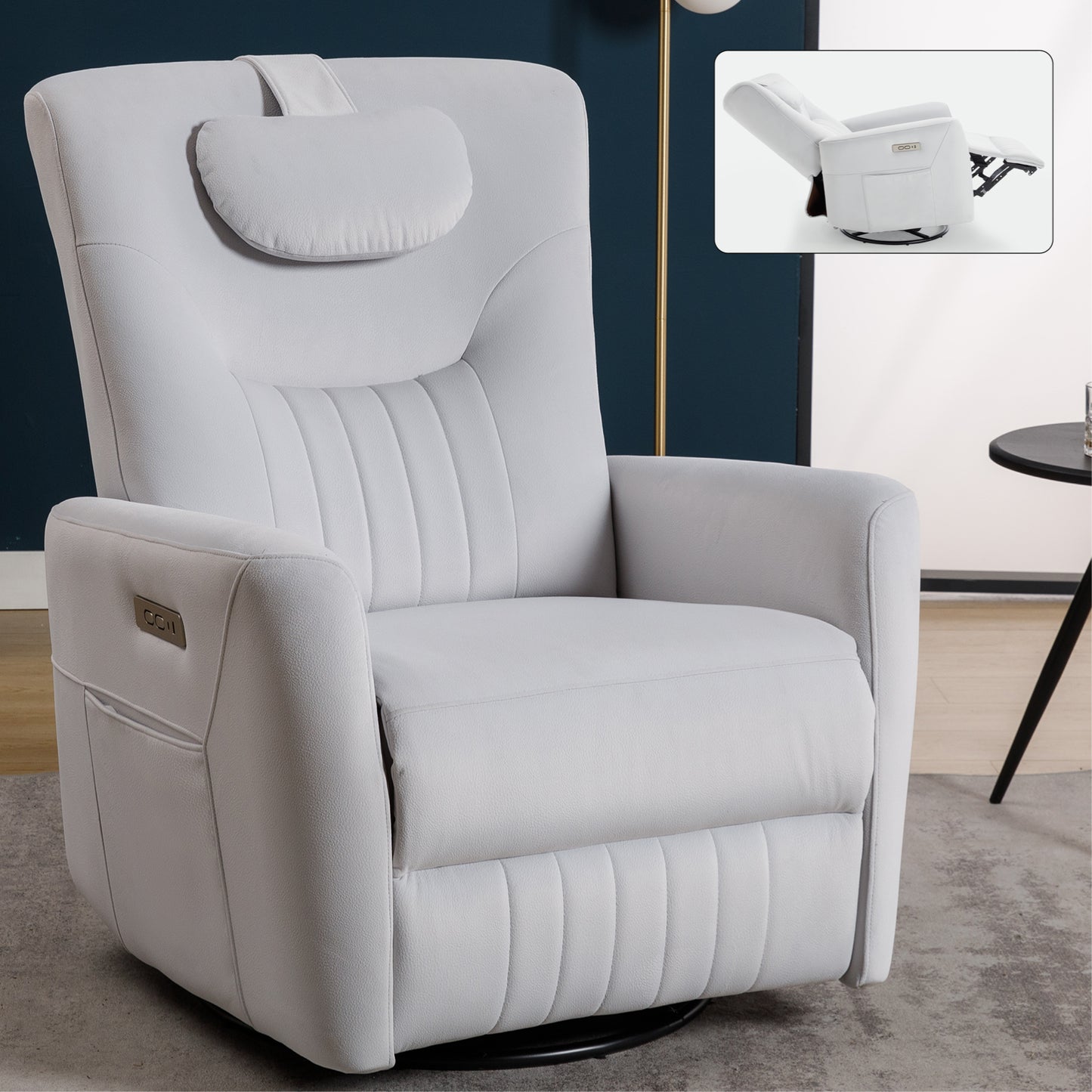 Solaro Glide Power Recliner – Beige Swivel Rocker with Neck Pillow, USB & Type-C Ports
