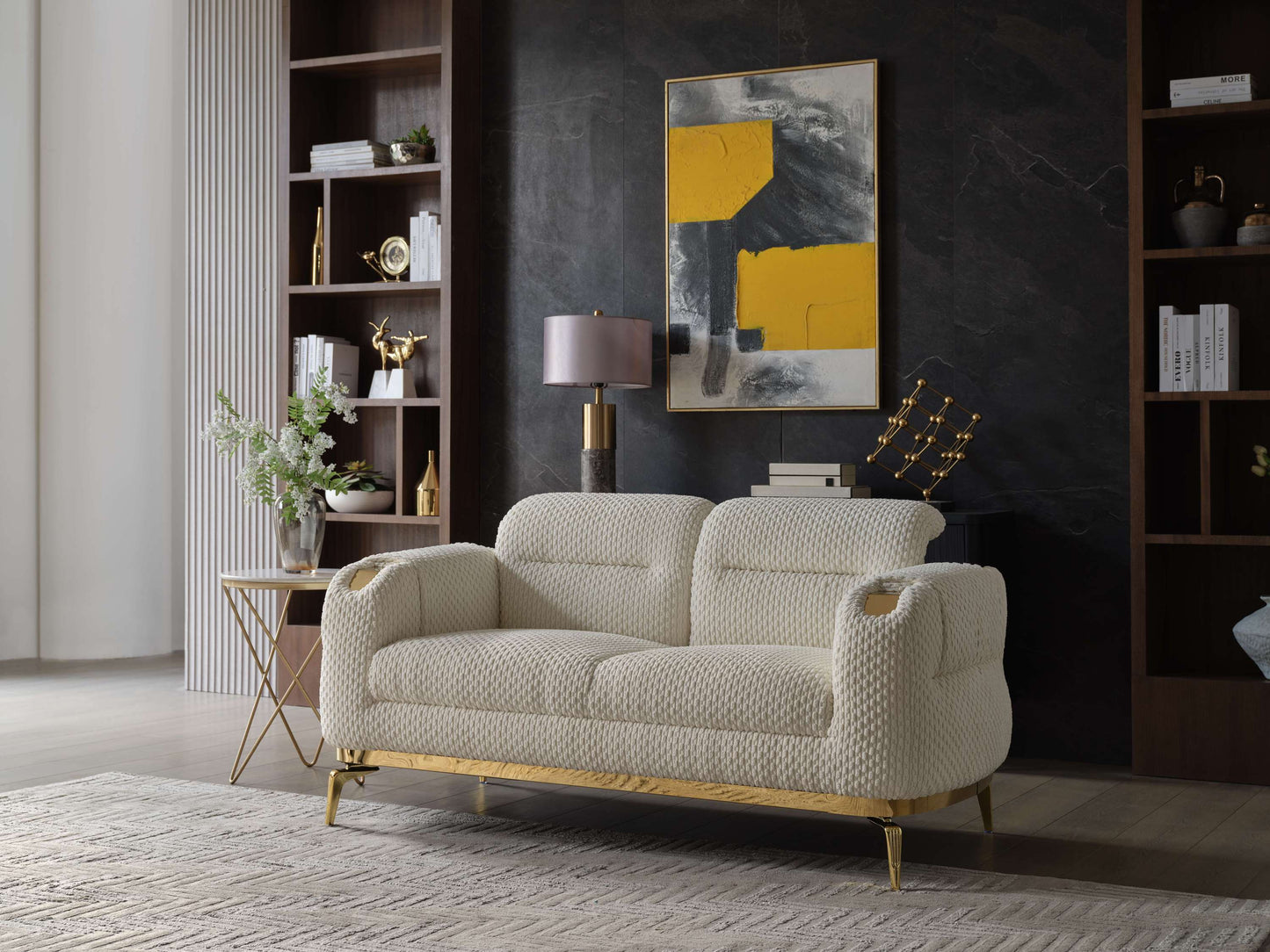 Zoe Signature Loveseat – Cream Upholstered Sofa with Gold Highlights & Wood Detail