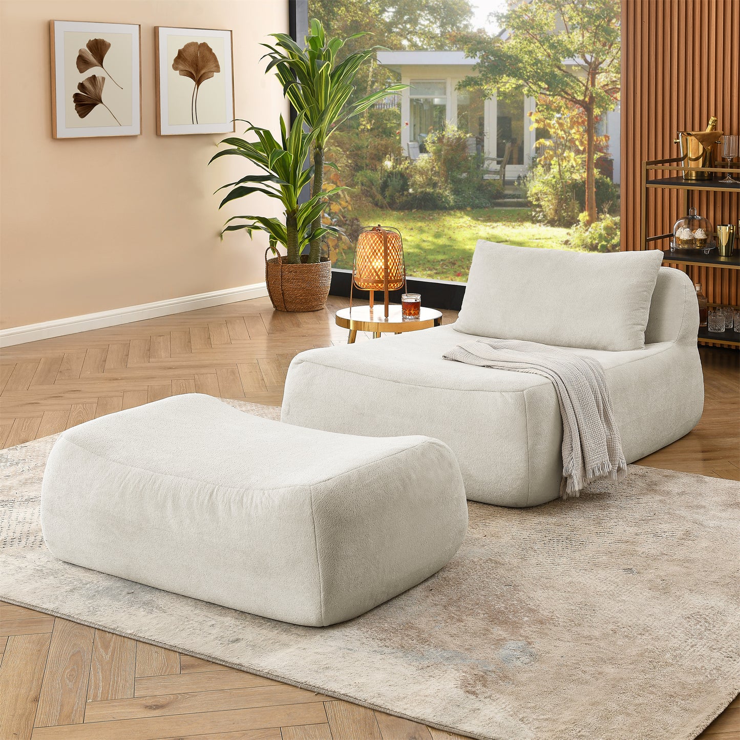 Lofta Bean Set – Beige Lazy Beanbag with Waist Pillow & Ottoman Combo