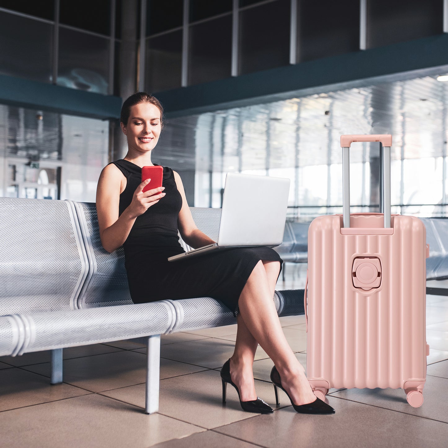 Jetera 3 - Piece Spinner Luggage Set – Pink ABS with USB Port, Cup & Phone Holder (20"/24"/28") - JUSTLIVE NESTJUSTLIVE NEST