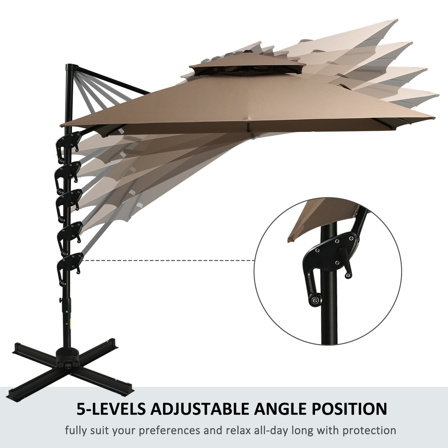 Solair 10' Double - Top Offset Umbrella – Hanging Cantilever with Crank, Base & 360° Rotation (Coffee) - JUSTLIVE NESTJUSTLIVE NEST