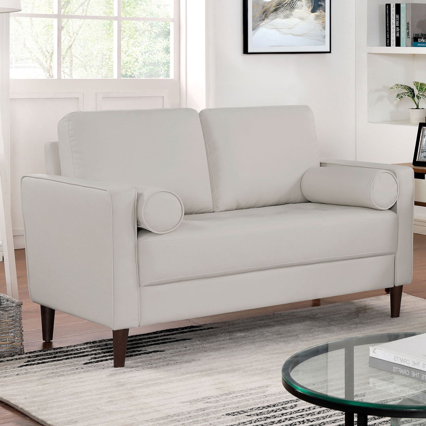 Velterra™ Off-White Leatherette Loveseat – Contemporary Bench-Style 2-Seater with Bolster Pillows