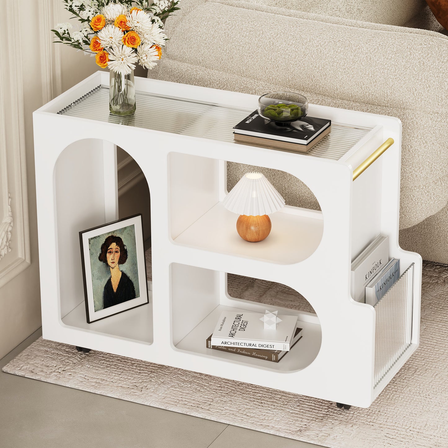 Movira Glass End Table – White Mobile Side Table with Fluted Glass Top