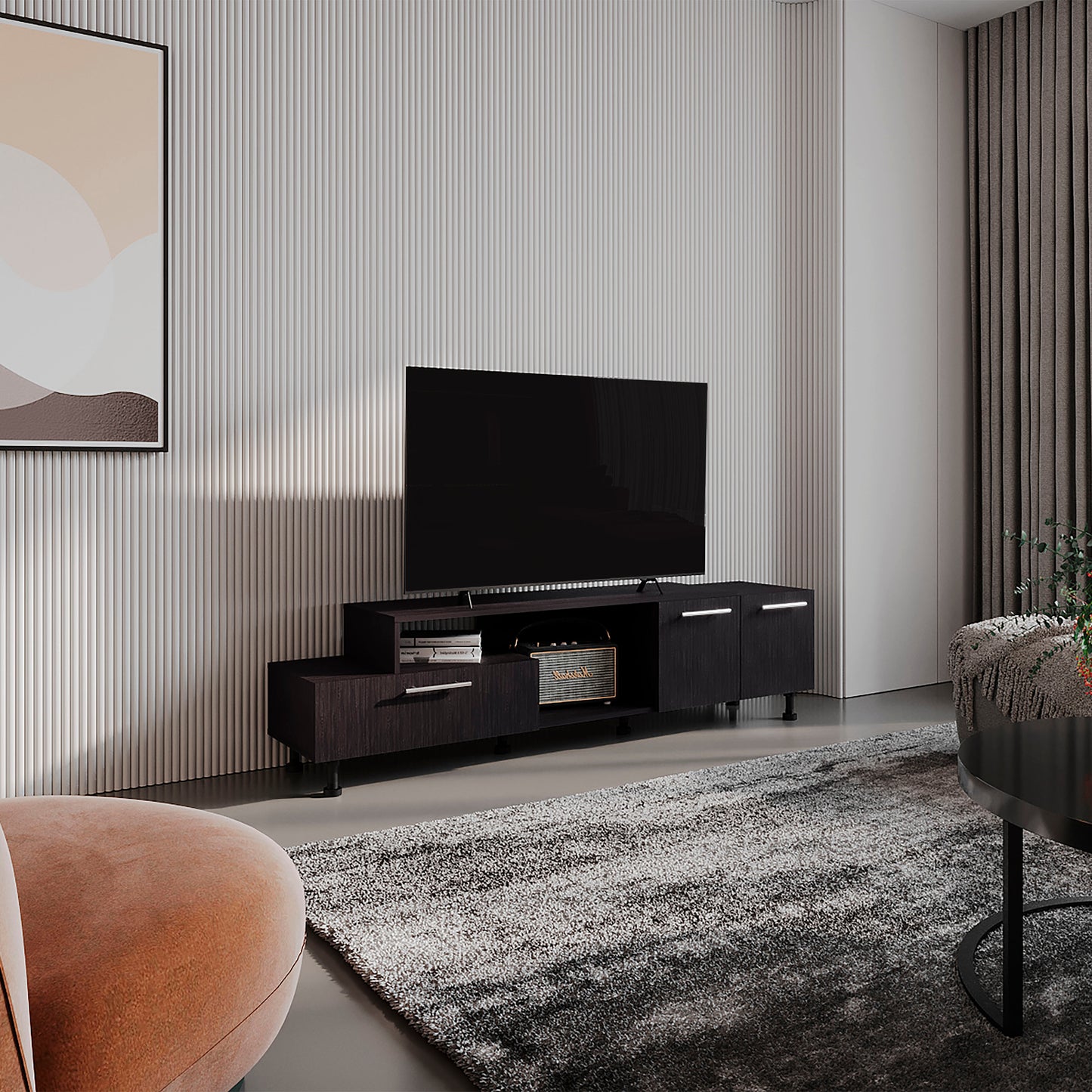 Athvon Console – 69" Black Wengue TV Stand with Pull-Down & Double Doors