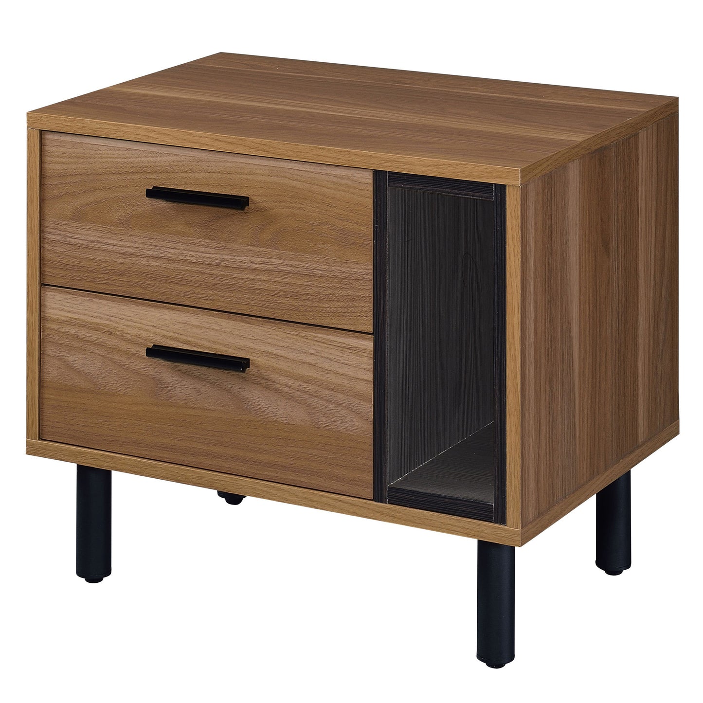 Orrin Chest – Brown Oak & Black 2-Drawer Nightstand with Framed Profile