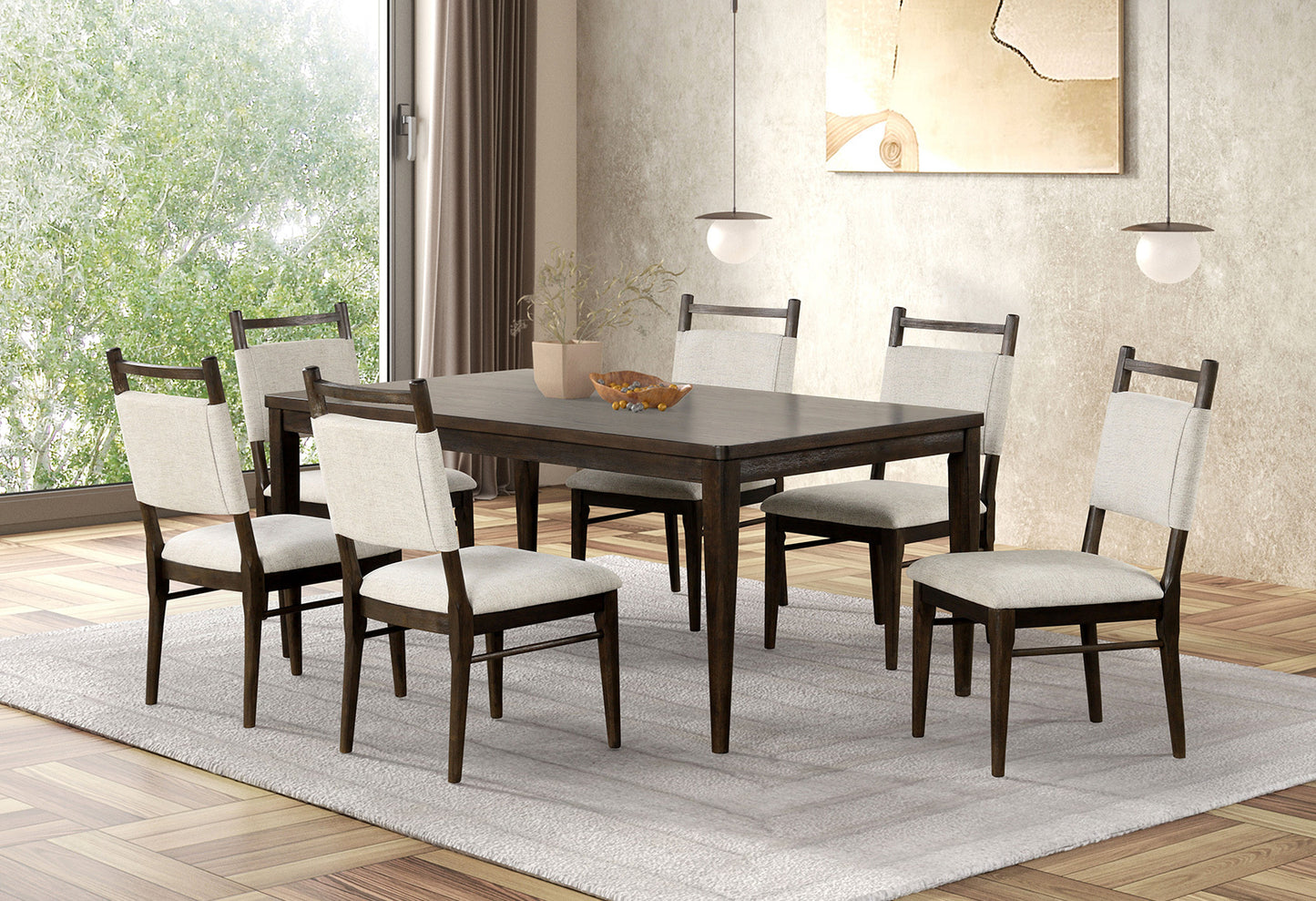 Evana 7-Piece Dining Set – Dark Walnut Table with 6 Side Chairs, Solid Rubberwood Frame