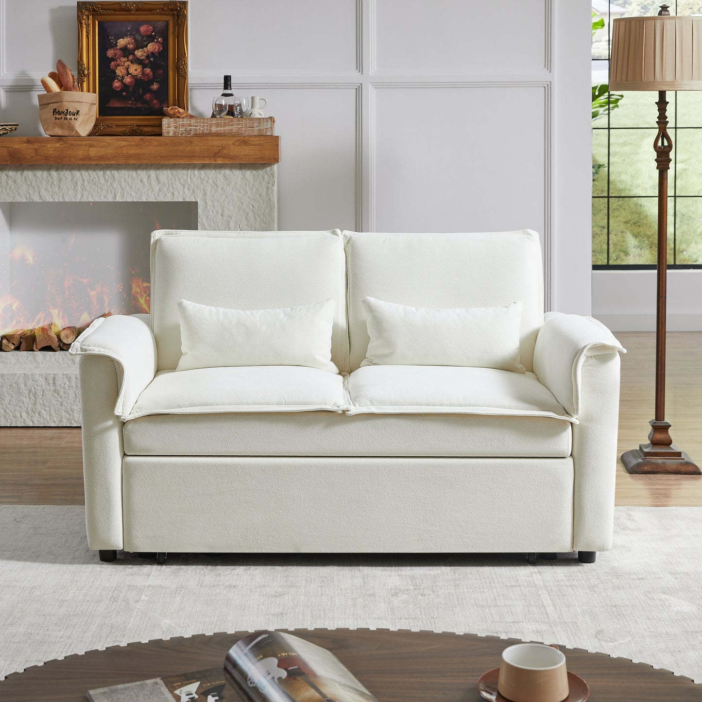 JUSTLIVE ‘Comfina Luxe” Sleeper – Fabric | Modern 2-Seat Sofa + Convertible Bed + Lumbar Pillows + Adjustable Back