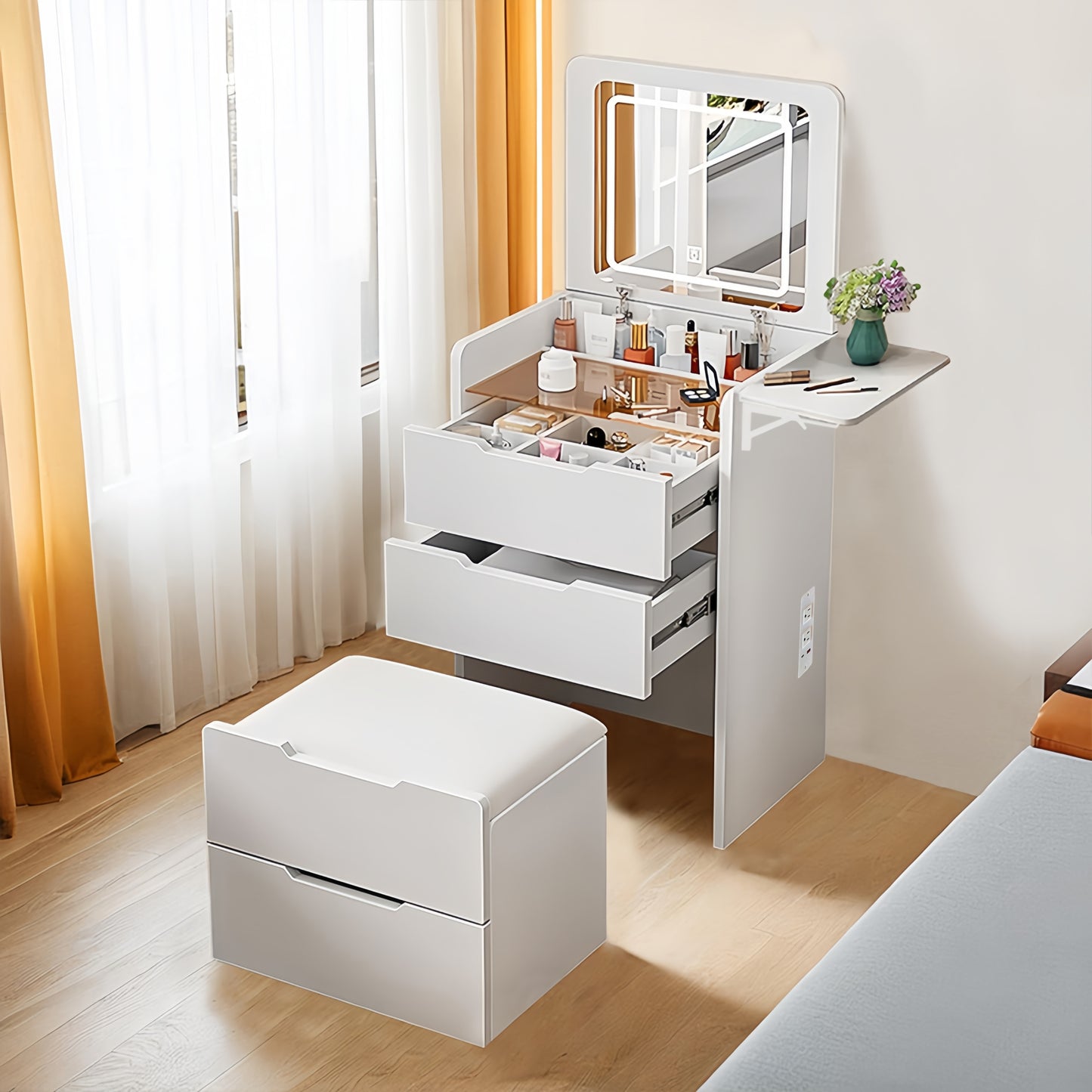 Velora HideBox Trio – Hidden Vanity Desk with Charging Panel, Stool, Flip Mirror & 3 Drawers (3-in-1)