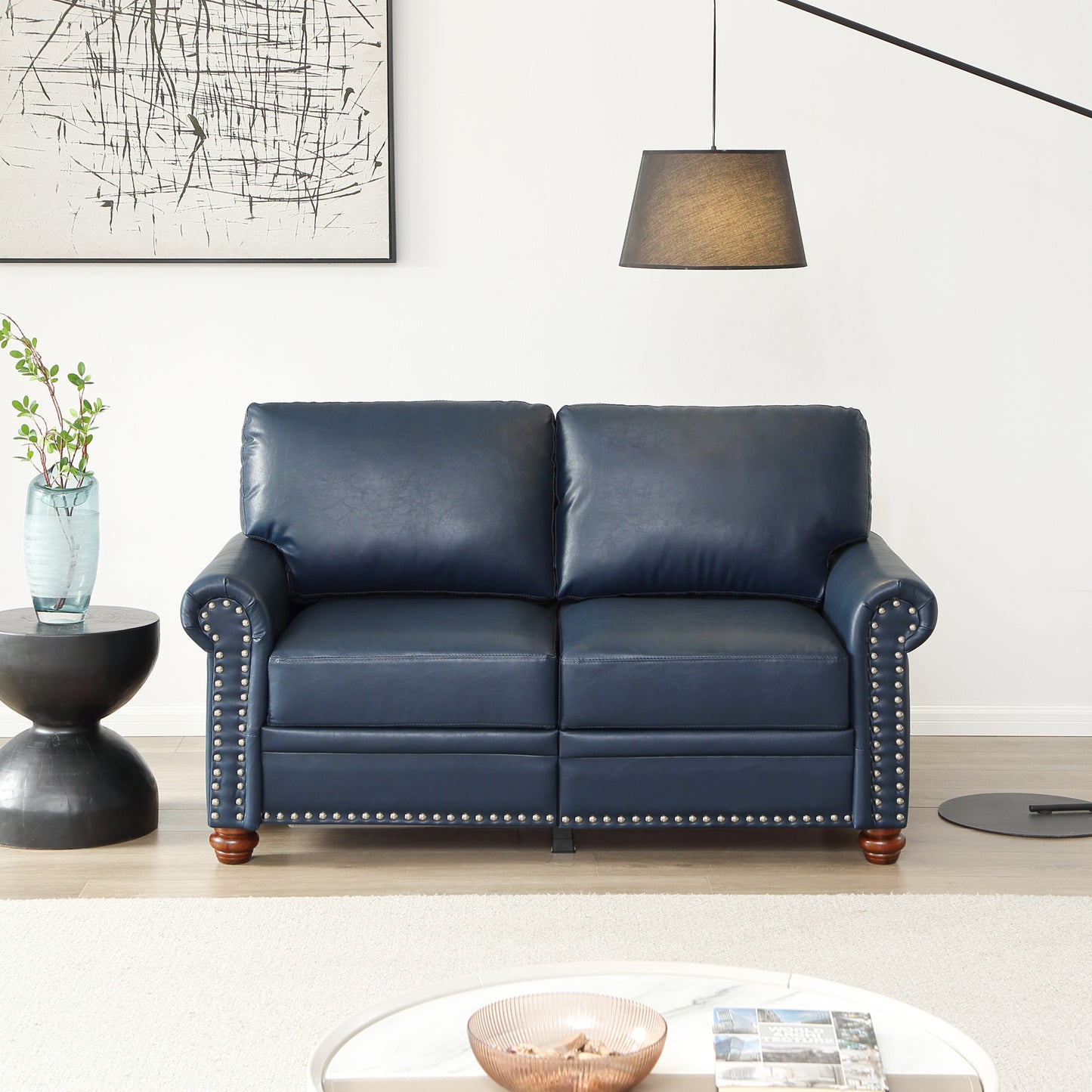 NestEdge ‘Nailuxe” Loveseat – Navy Faux Leather | Round Arm + Silver Nailhead Trim
