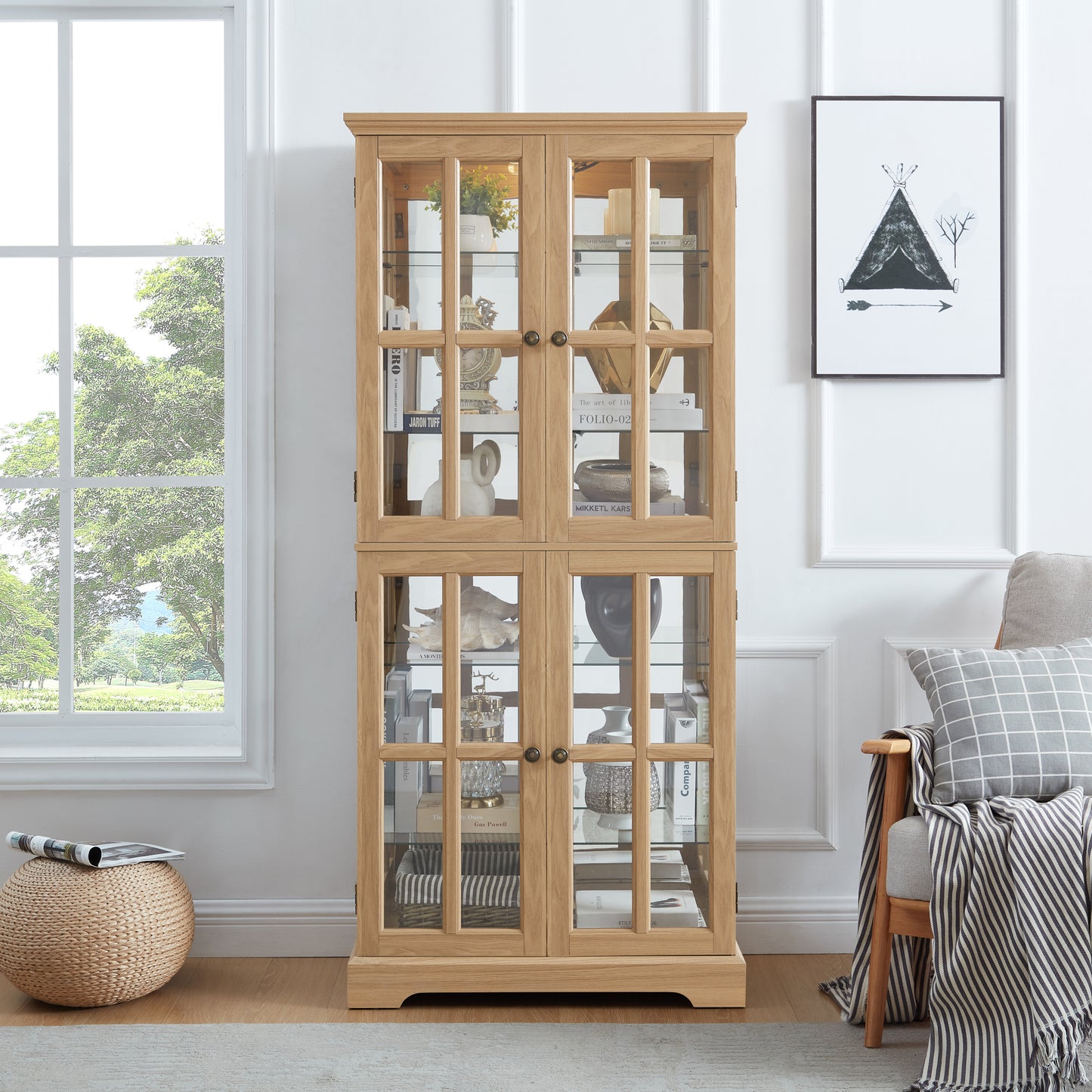 Antiqua Oak Display – 4-Door Vintage Curio with Glass Doors & E26 Lighting