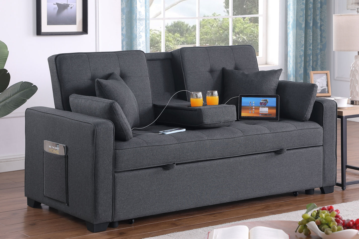Cody II™ 70' Convertible Sleeper Loveseat – Dark Gray Linen Sofa with Console, Cup Holders & Charging Ports