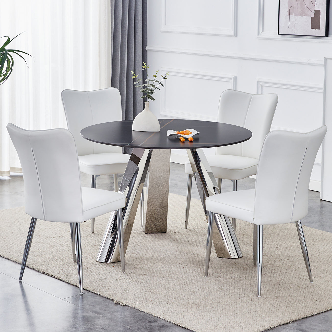 Lustro 42" Round Dining Set – Polished Steel Base with 4 White PU Chairs, Sintered Stone Top