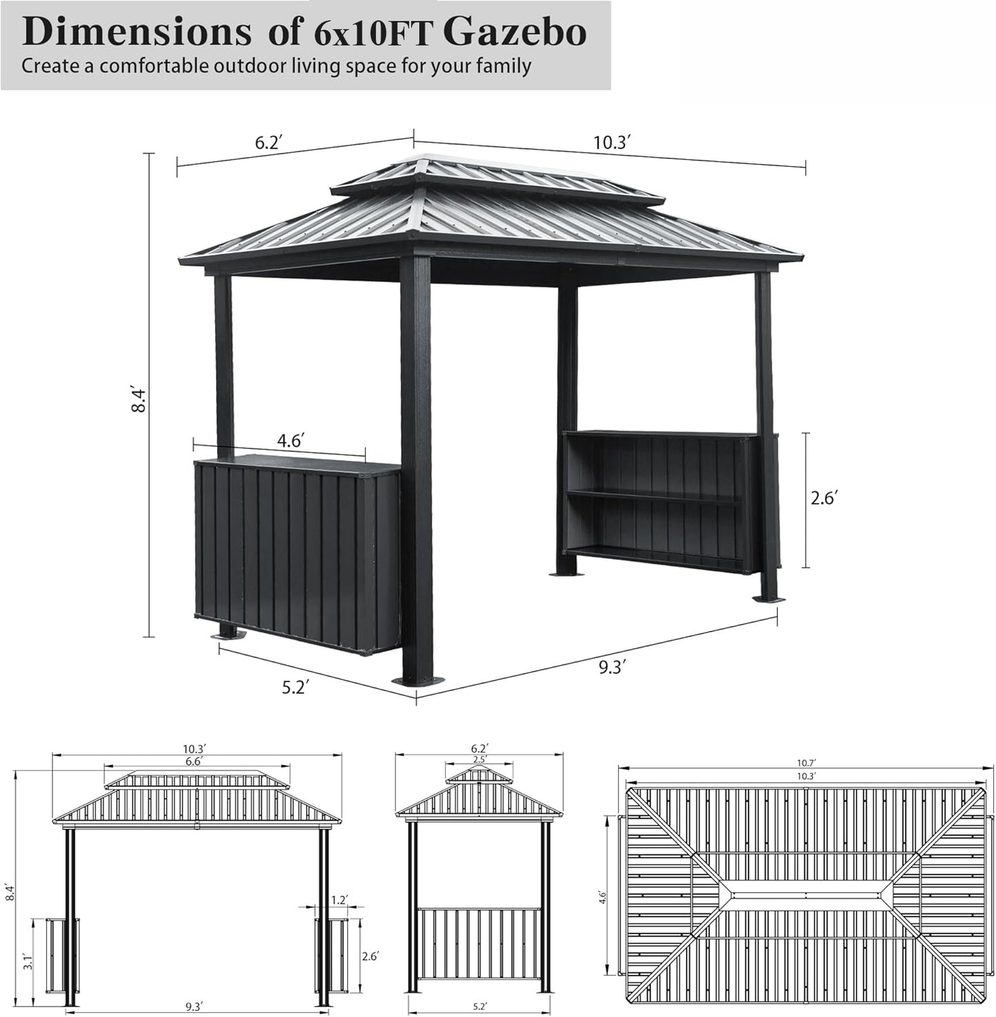 Grillan 6x10' BBQ Gazebo – Gray Steel Roof Grill Shelter with Cabinets & Ceiling Hooks - JUSTLIVE NESTJUSTLIVE NEST