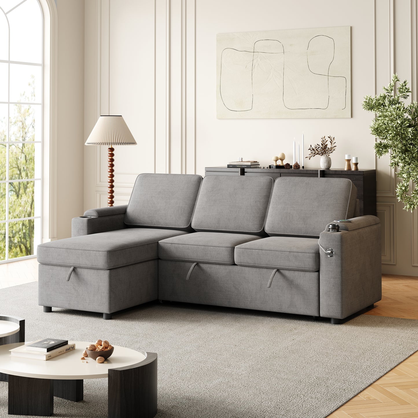 85' Comfort Sleeper – Convertible Lounge Sofa with Hidden Storage & Smart Charging Hub