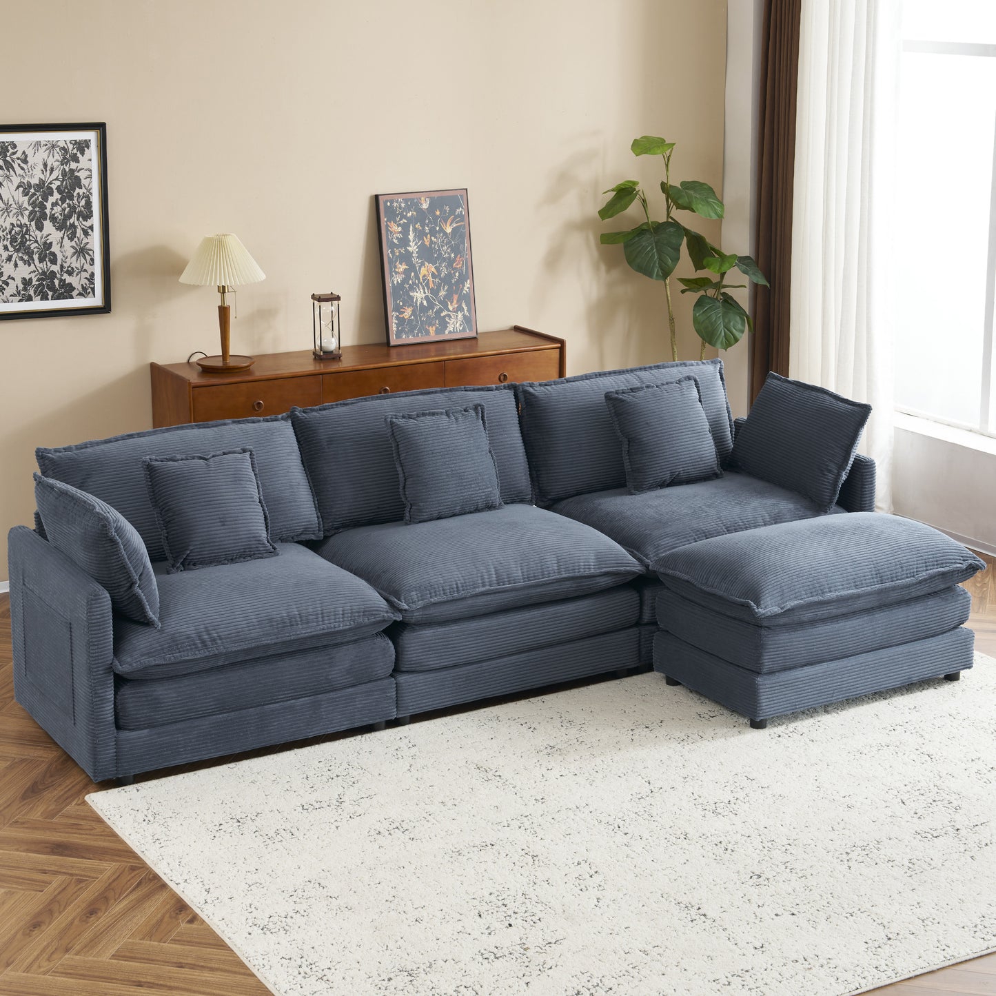 113' Luxe Modular Lounge – Plush Corduroy L-Shape Sofa with Hidden Side Storage (Blue)