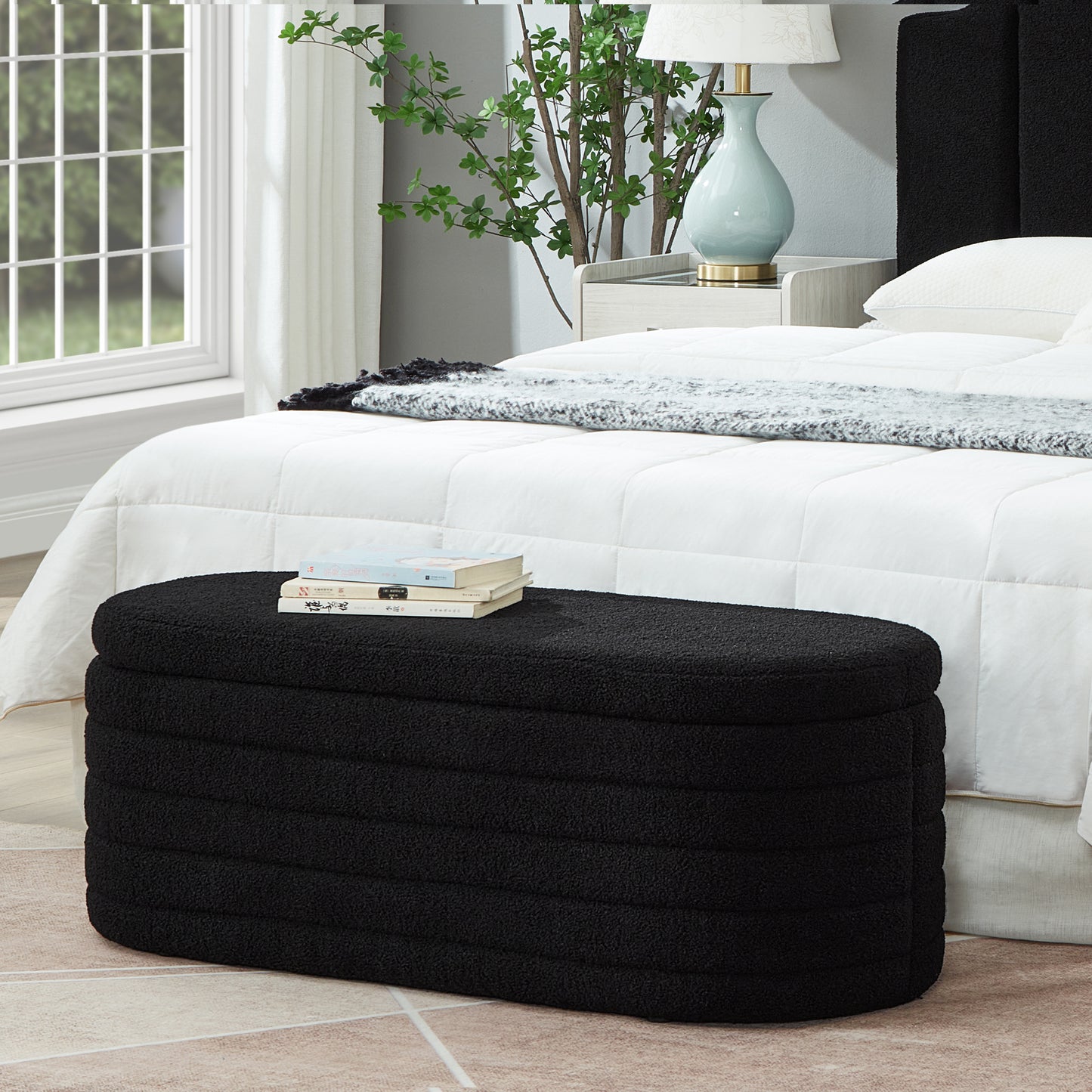 Klovi Oval Storage Bench – Black Bouclé Upholstered Bench with Hidden Storage