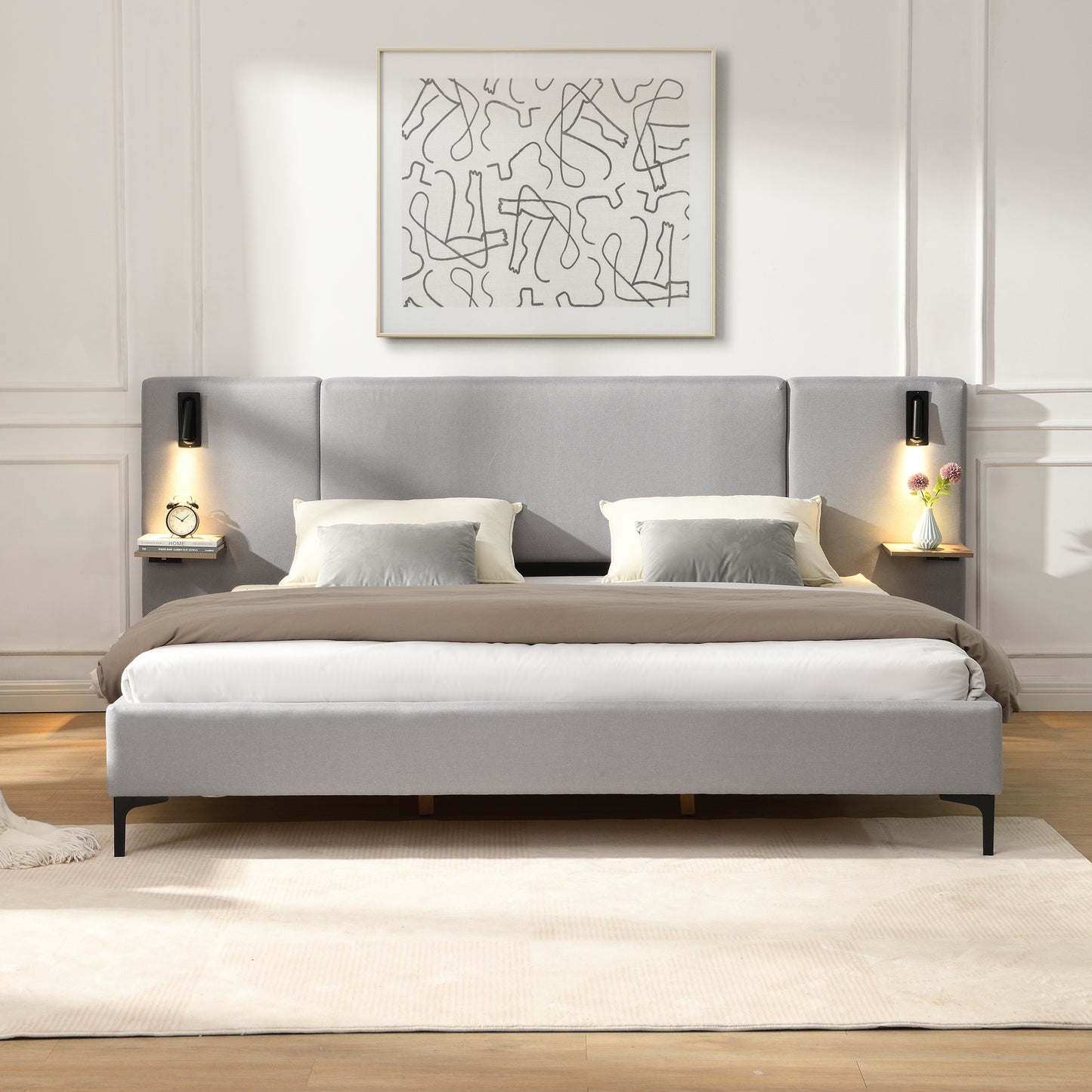 Luntra Luxe King Bed – Grey Linen Frame with Built-In Lights & Floating Shelves